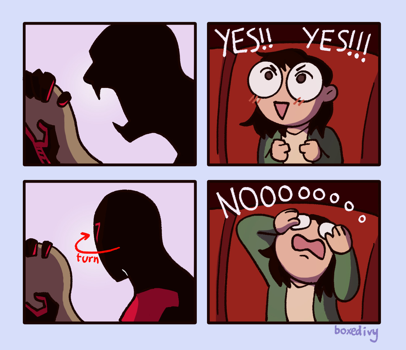 A four panel comic. A silhouette of Miguel O'Hara from Across the Spider-verse prepares to bite into the Vulture's neck. 

In the second panel, a girl with glasses in the theater excitedly cheers, "YES!!! YES!!!"

In the third panel, Miguel turns his head away from the Vulture's neck.

In the fourth panel, the girl clutches her head in agony, wailing, "NOOOoooo"