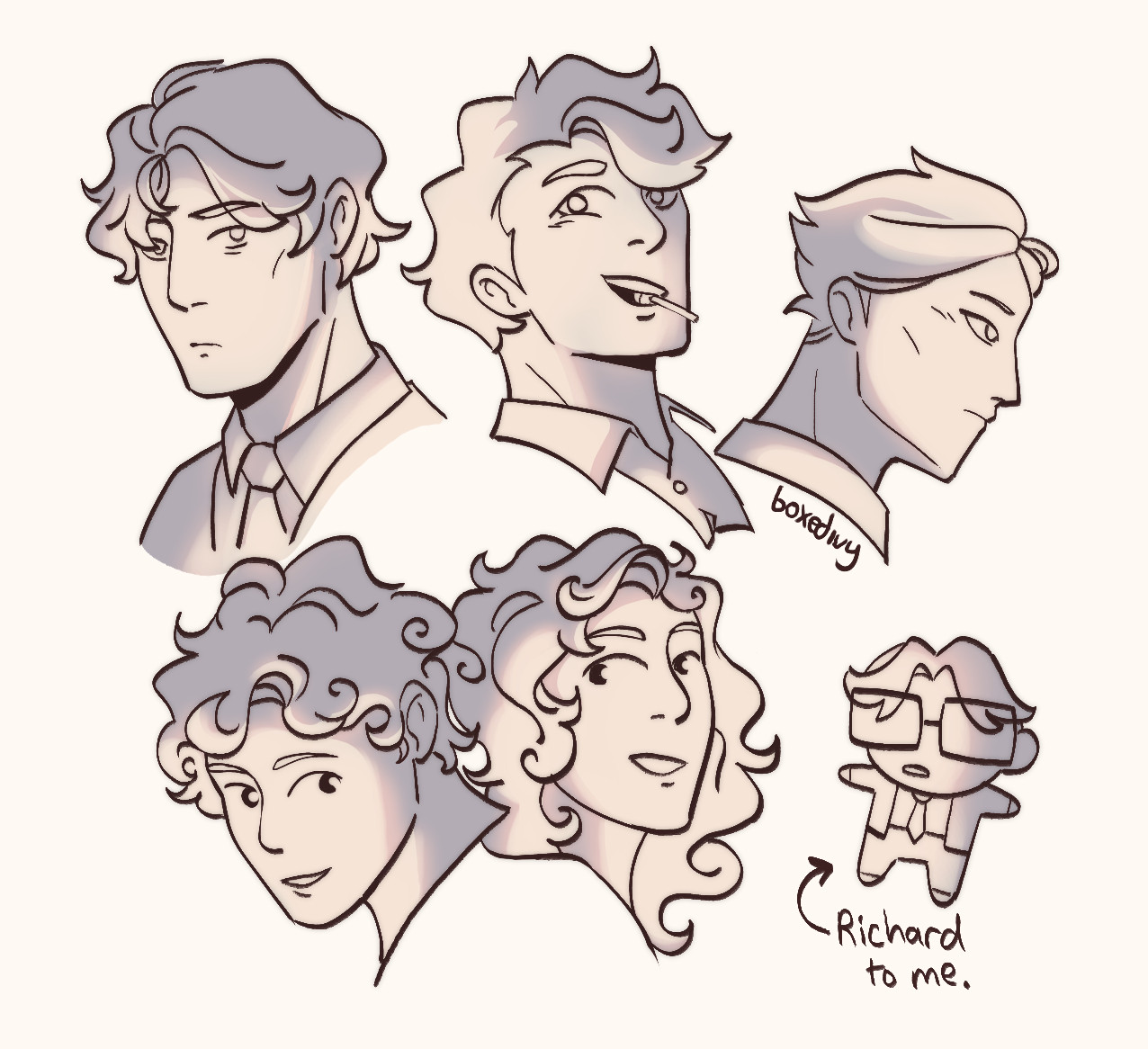 Minimally colored headshots of the classics majors in the book, The Secret History. Henry is a slightly disheveled and tired looking. Bunny smiles with a lollipop in his mouth. Francis to the side in profile view. Charles and Camilla look at each other, smiling. A simple, doll-like drawing is done for Richard instead of a proper headshot. He is blanked expressioned and an arrow points to him, reading, "Richard to me."