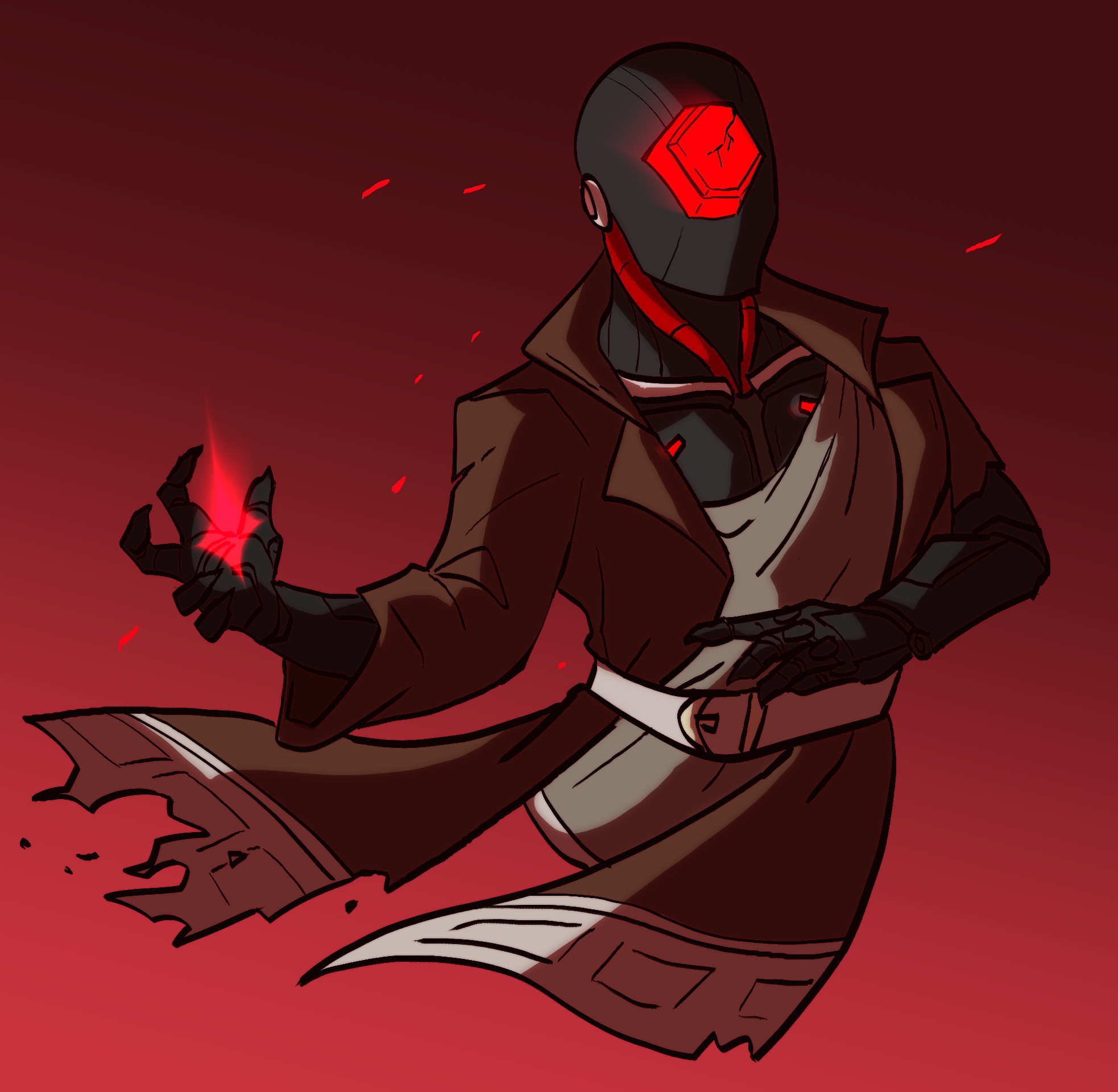 A warforged from the TTRPG, DnD, holds a red star in their palm. Instead of a face, a cracked gem takes its place. The warforged wears tattered, oversized clothing.