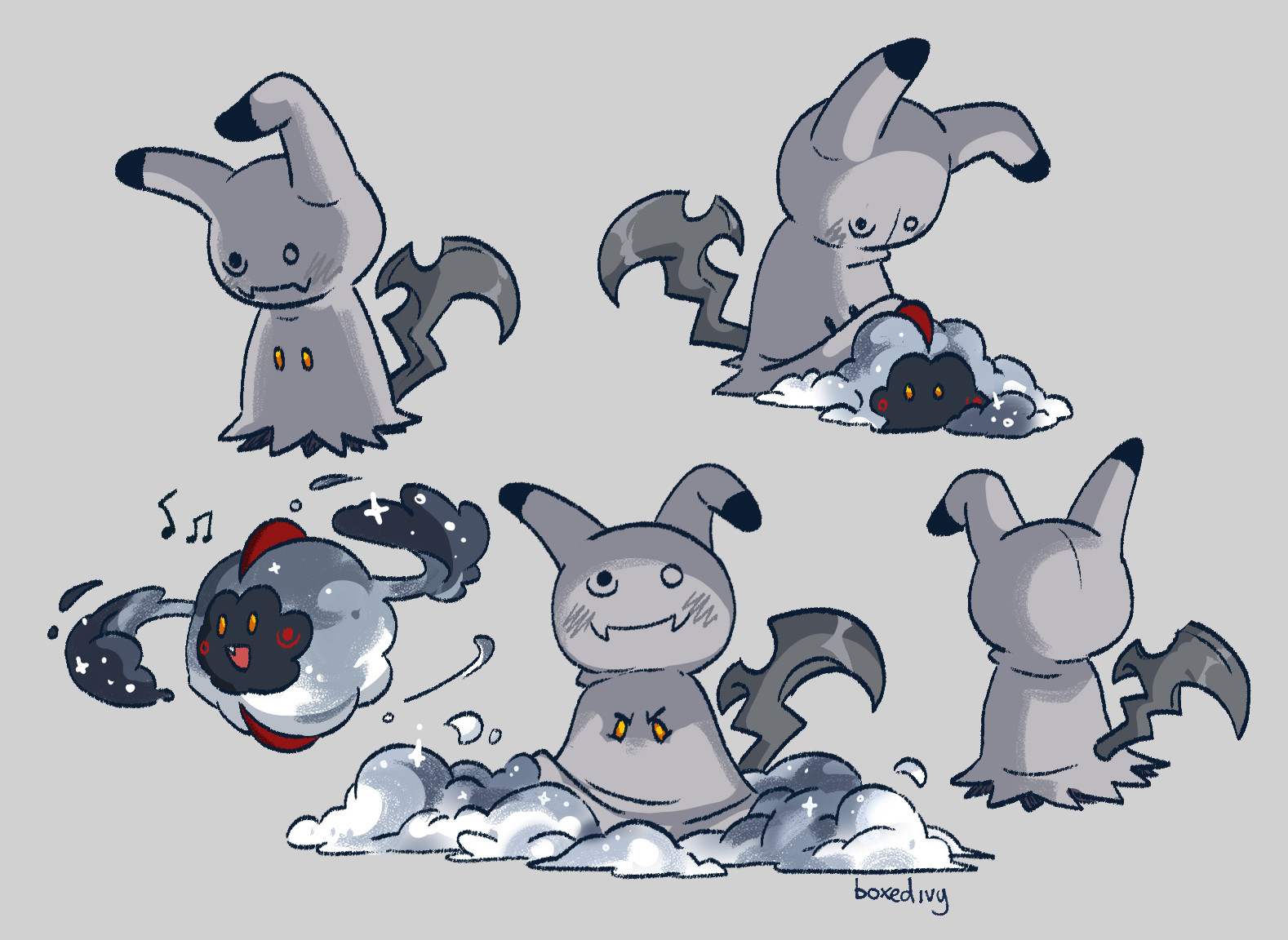 Multiple drawings of a shiny mimikyu with a metallic scythe for a tail. Two have the cosmog, which is largely greyscale with red accents, leak out from under the rag. A cosmog in its entirety dances. 