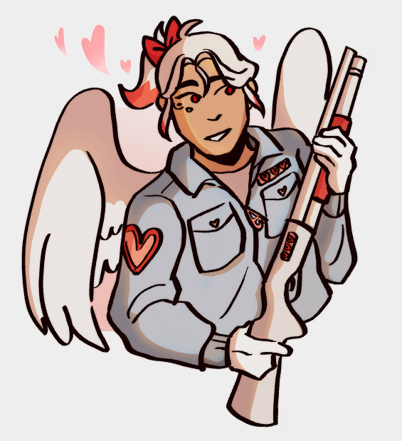 A person in a light blue bomber jacket, holding a white shotgun looks to the side, smiling. They have white wings.