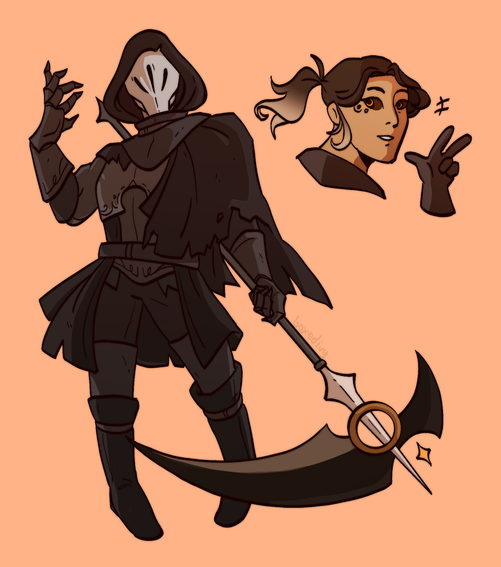 A fullbody drawing of a knight in nearly all black armor raises their hand in a clawed pose, and holds a scythe in their other hand. Next to them is a headshot of them without their helmet - they are smiling and gesturing 'hello'.