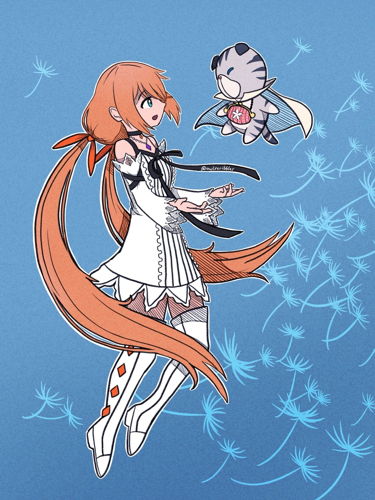 digital drawing of strelitzia and chirithy from kingdom hearts union x. the background features dandelions floating away.