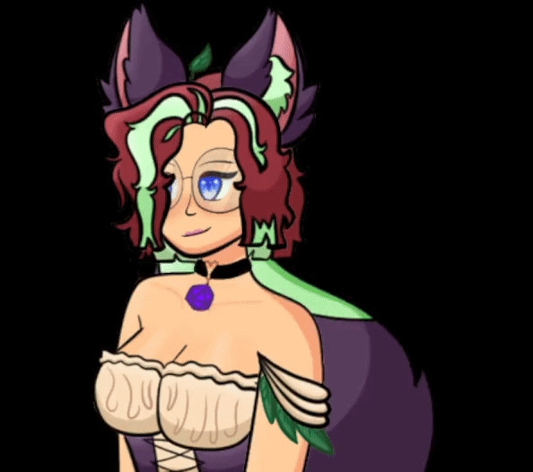 Gif of a druidic kitsune taverness wagging her purple tail and twitching her purple ear