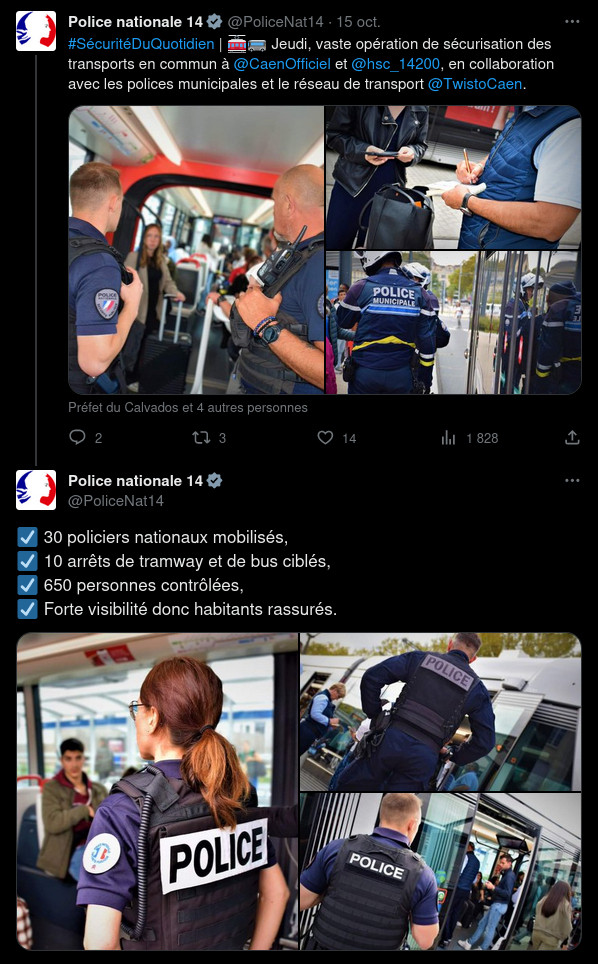 Publication twitter de @PoliceNat14 qui explique que des controles par 30 policiers dans les transports en commun rassurent les habitants