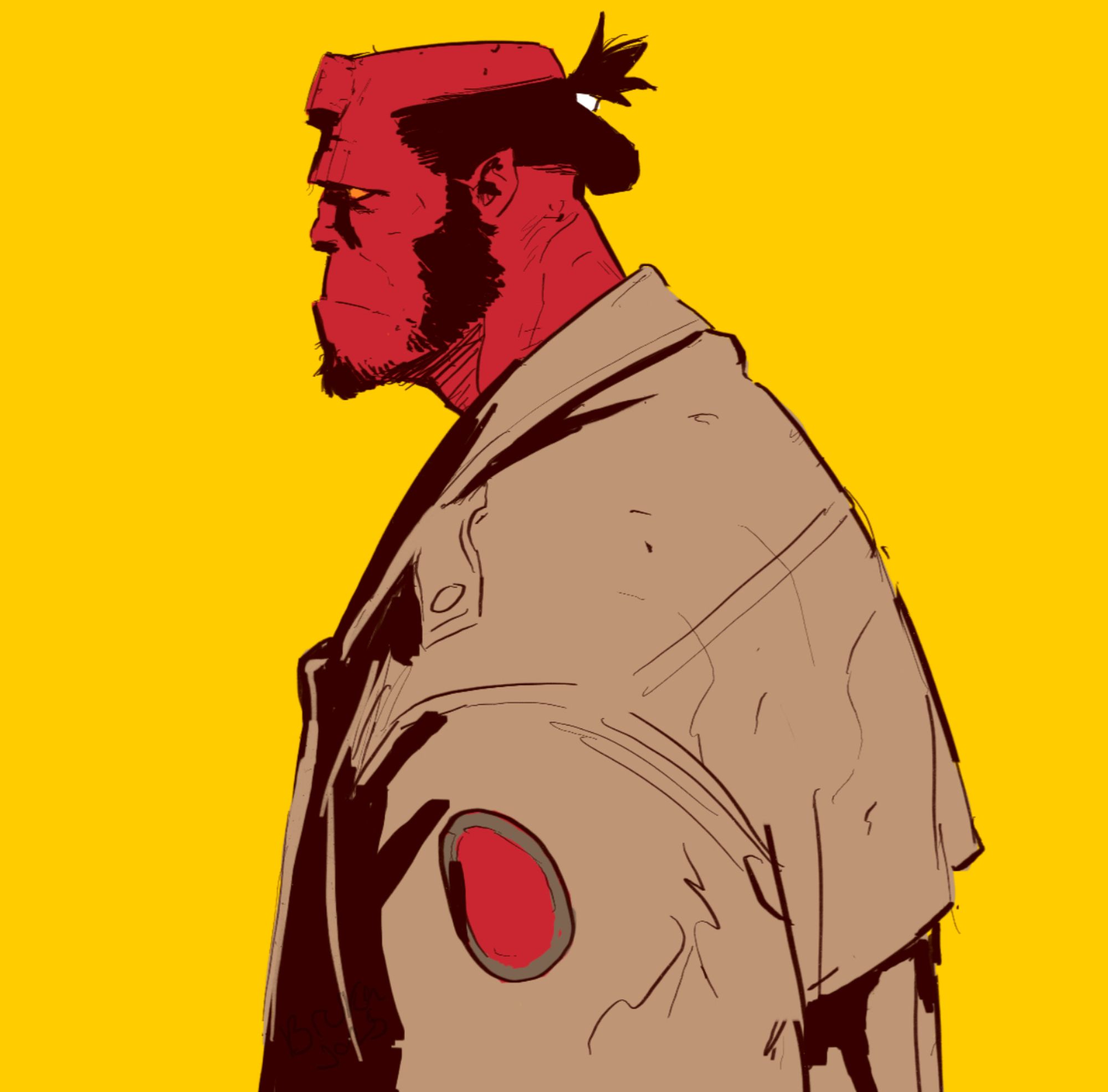 A sketch of Hellboy in profile