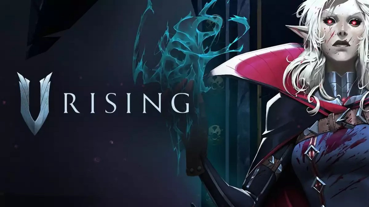 Banner for V Rising. It's shows a bust shot of a vampire on the right with blood splattered on her clothes and face, sitting on a throne, right arm extended outward with a ghostly magical effect emanating from it. The title of the game is on the left side.