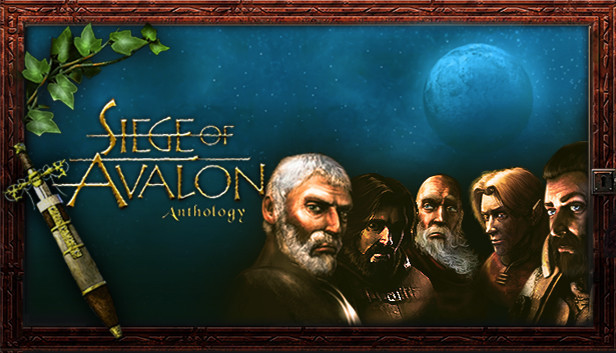 Banner for the Siege of Avalon Anthology. It's styled like a framed book cover, showing an image of five grim-looking men huddled together looking at the viewer, against a background of a gloomy moonlit night. There is a decorative sheathed dagger and ivy branch on the left edge, framing the title of the game.