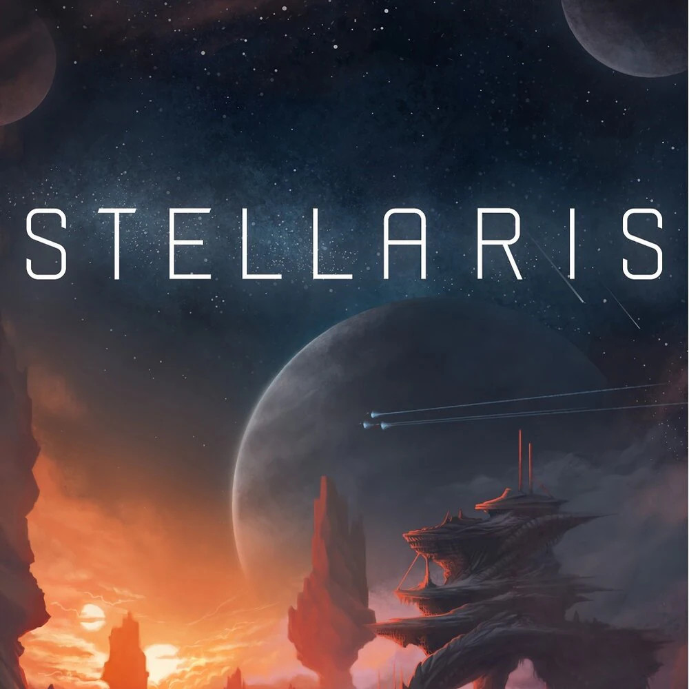 Cover for Stellaris. It shows the view into the night sky just before a golden-red dawn from an alien planet, with an organic-looking rock structure with building in the foreground, and a large planet or moon hanging in the sky against a backdrop of stars. The streak of three spaceships flying across the sky cuts across the center, just underneath the title of the game.