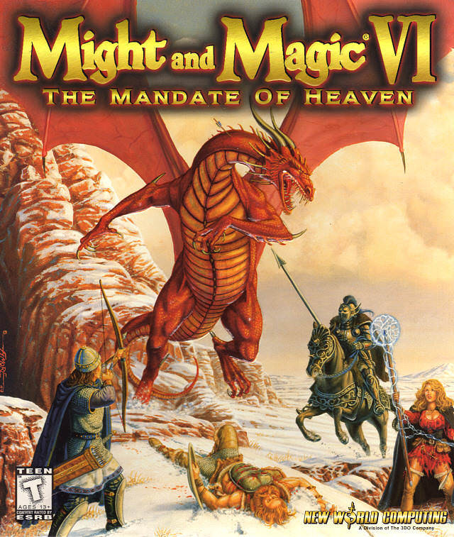 Cover for Might and Magic 6 The Mandate of Heaven. The title is superimposed on the top of an image depicting a party of adventurers (an archer, a knight on horseback, a mage, and a barbarian who lies wounded on the ground) fighting a large red dragon on a snowy plateau.