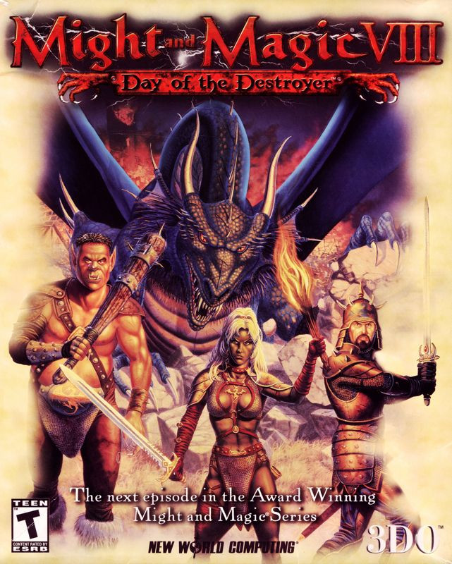 Cover for Might and Magic 8 Day of the Destroyer. The title is superimposed on the top of an image showing a party of adventurers, a troll, a dark elf, a knight/samurai hybrid, and a black dragon (who is one of the adventurers) standing among some ruins facing us and looking at some danger behind the camera. There is a subtitle reading The next episode in the Award Winning Might and Magic Series