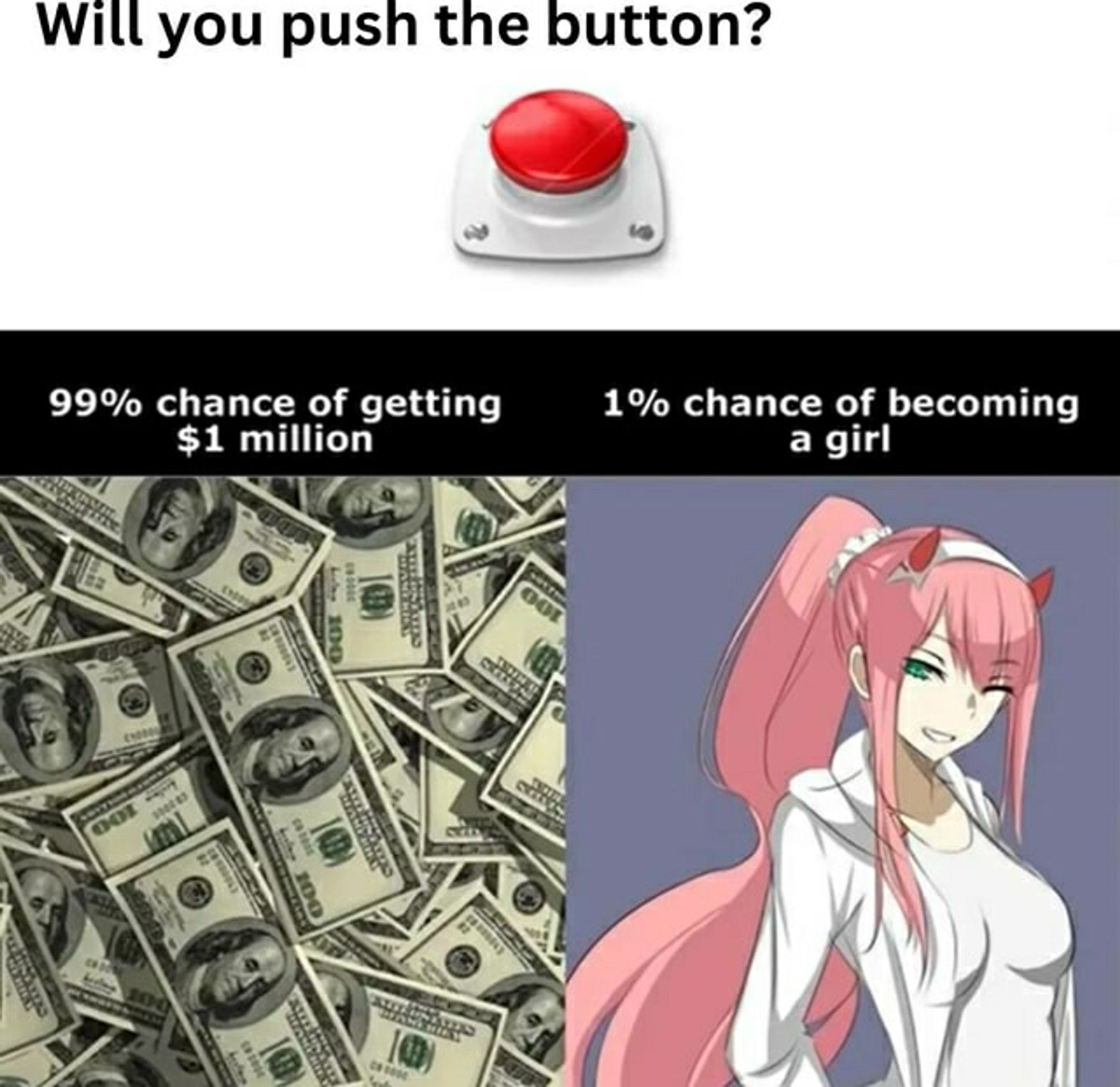 An image split into three parts. Top part says "Will you push the button?" among with an image of a big red button. Bottom left says "99% chance of getting $1 million" with an image of a pile of 100 dollar bills. Bottom right says "1% chance of becoming a girl" with an image of a pink haired anime girl winking at the camera.