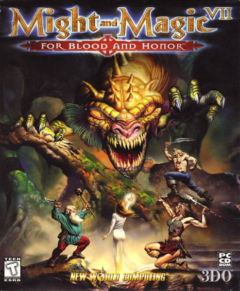 Cover for Might and Magic 7 For Blood and Honor. The title is superimposed on the top of an image showing a party of adventurers, a dwarf warrior, a mage, an amazon, and a barbarian, fighting a bestial dragon in some cramped mossy cave or forest.