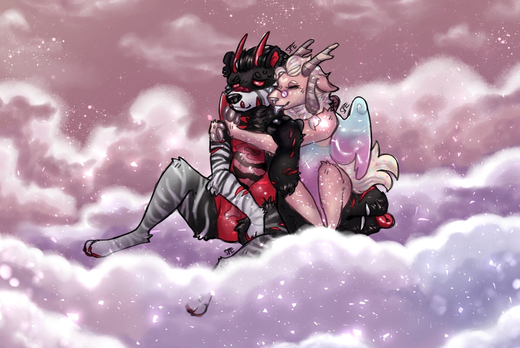 A cute couple cuddling in the clouds