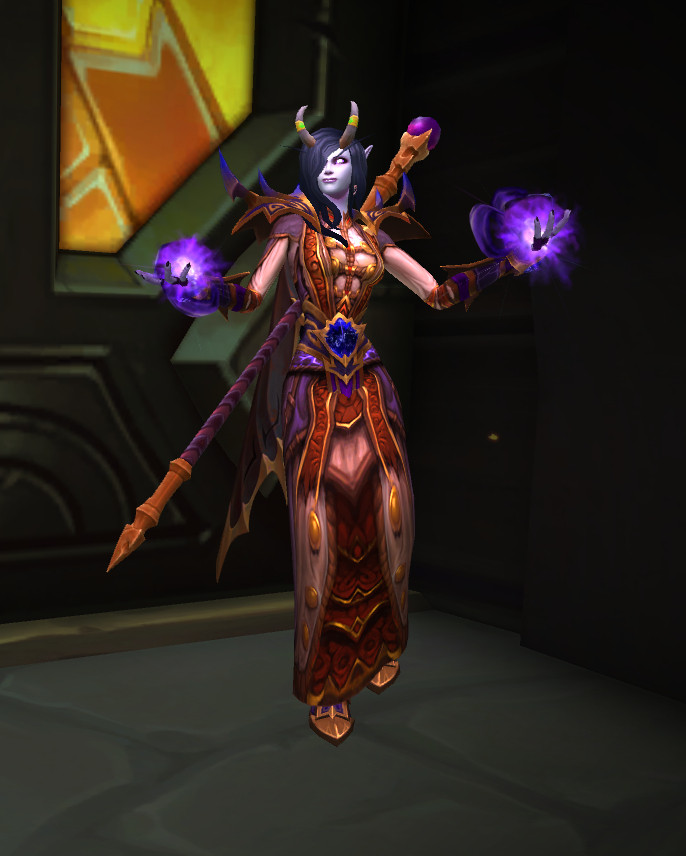 Screenshot of a Void Elf Shadow Priest from World of Warcraft. A female with pale (blue-ish) skin and long black hair. She is wearing a long robe, boots, gloves, pauldrons and a staff in white, red, purple and gold. Her belt has a void gem in it and she has horns. She is casting a spell and there's a purple effect around both her hands. 