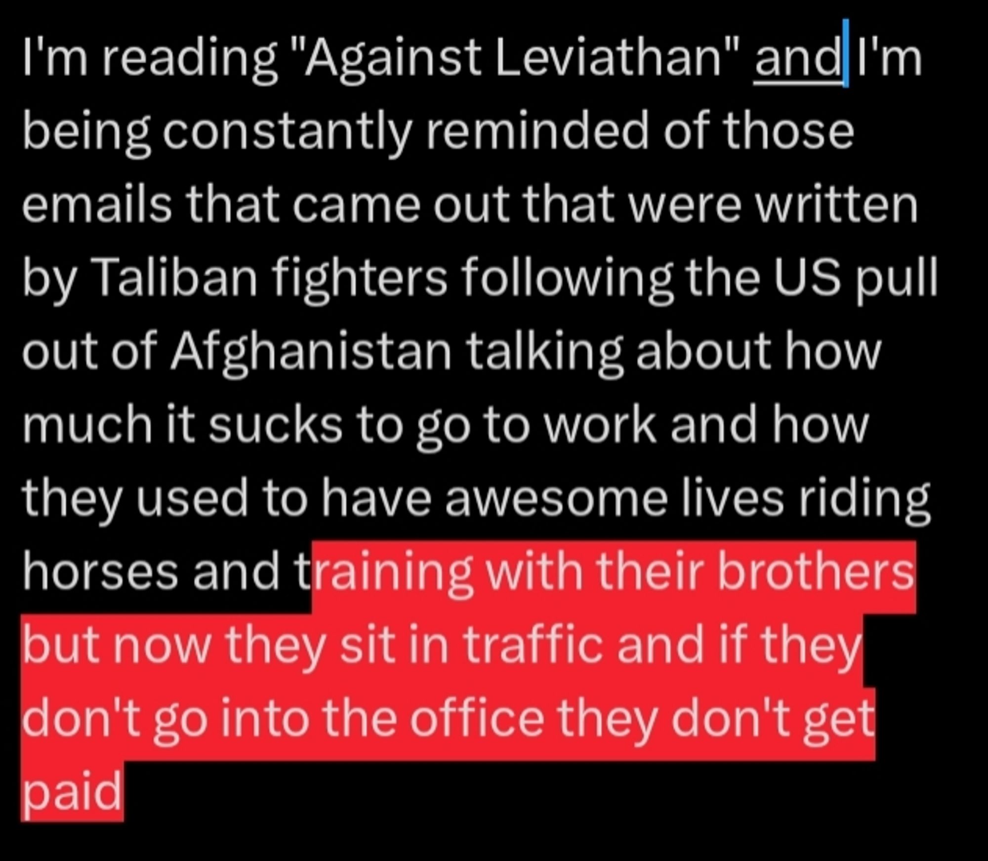 A too long tweet: I'm reading "Against Leviathan" and I'm being constantly reminded of those emails that came out that were written by Taliban fighters following the US pull out of Afghanistan talking about how much it sucks to go to work and how they used to have awesome lives riding horses and training with their brothers but now they sit in traffic and if they don't go into the office they don't get paid