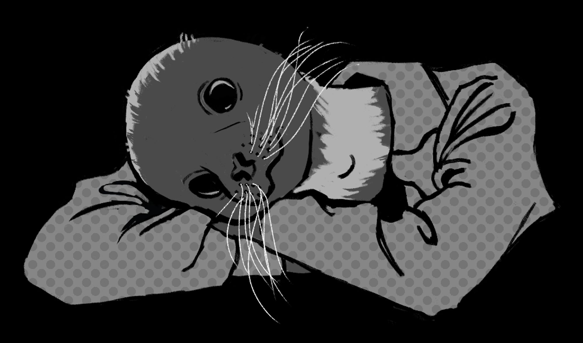 a greyscale digital half-body drawing of an anthropomorphic ribbon seal girl, lying her head on her folded arms