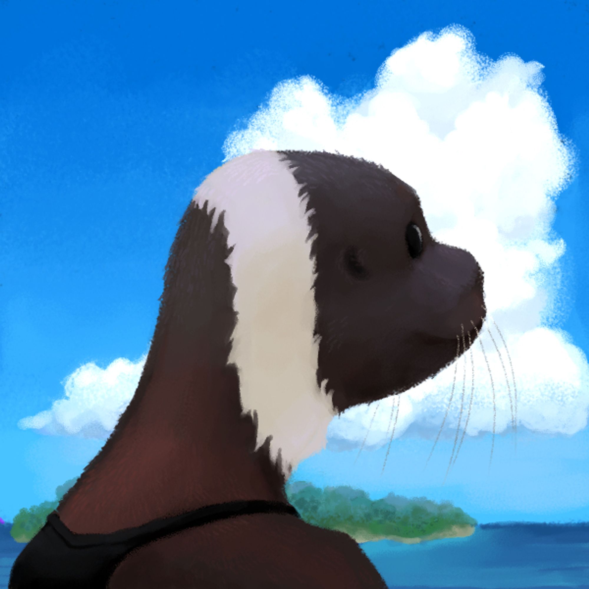 a digital painting of a anthropomorphic ribbon seal girl, looking away from the viewer towards a distant tropical island