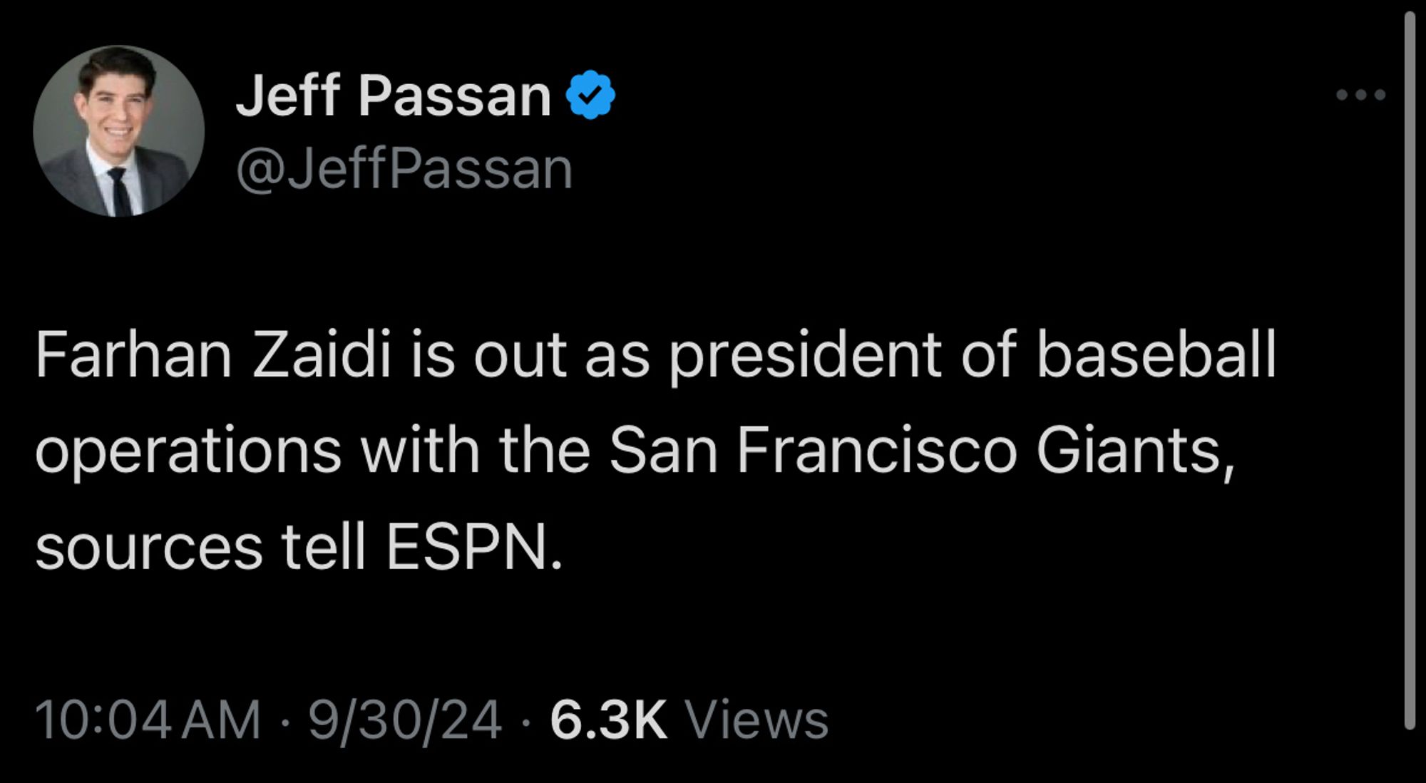 Jeff Passan @JeffPassan
Farhan Zaidi is out as president of baseball operations with the San Francisco Giants, sources tell ESPN.