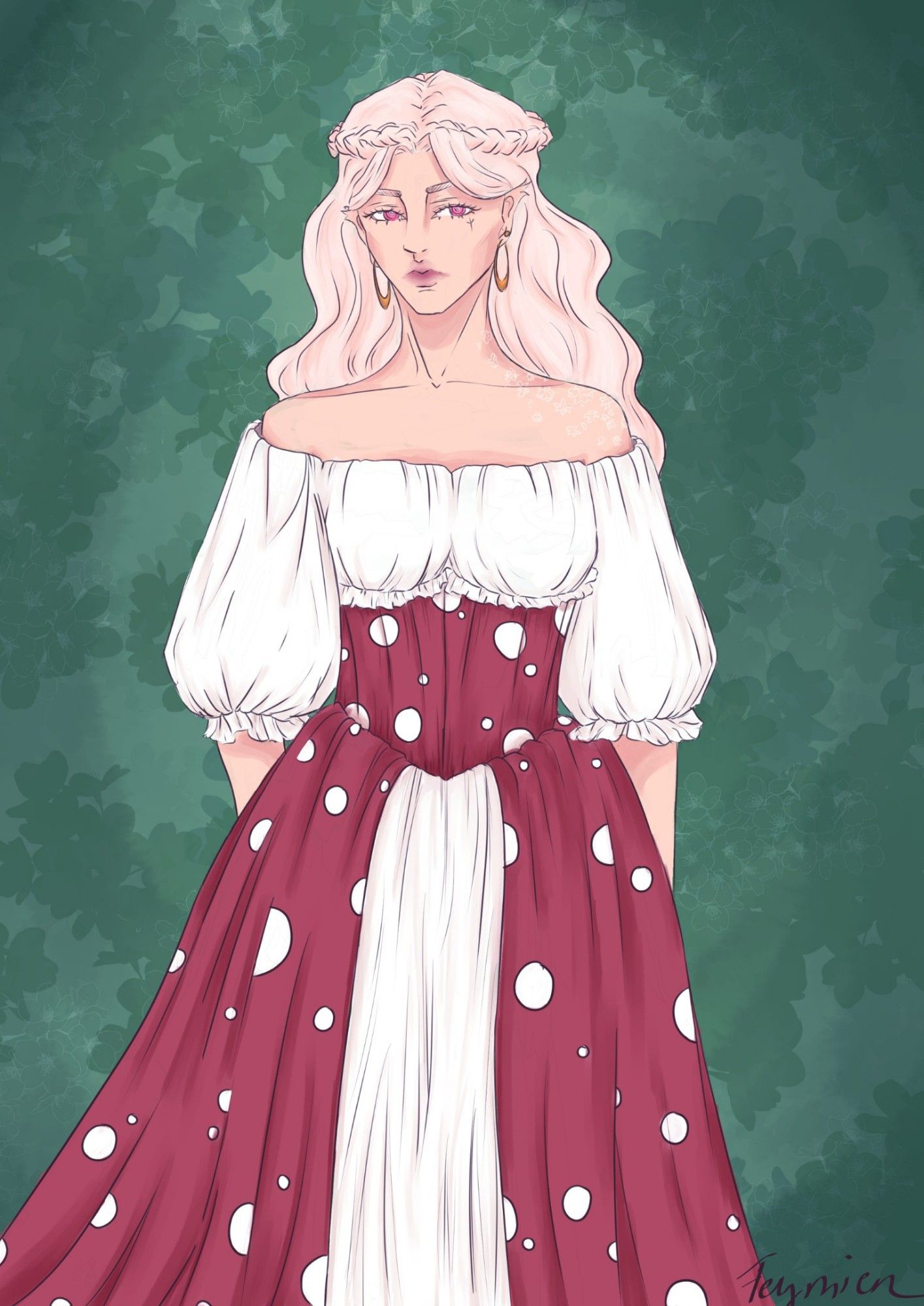 Knee-up illustration of a light skinned woman facing the camera. She's wearing a white and red dress with large white dots, inspired by the Amanita mushroom, as well as golden hoop earrings. Her hair is a light strawberry blonde and partially braided around her head