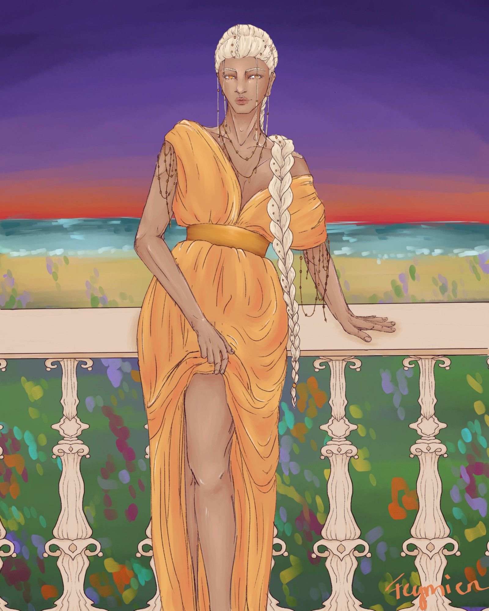 Chaos (he/him)
Full body illustration of a man with tan skin and light blonde hair in a braid standing in front of a marble railing. He's wearing a flowy orange dress sinched at the waist with a thick gold belt. The dress and hair are both decorated with golden beads. In the background there's a field of flowers slowly fading into a beach, illuminated by the sunset.
