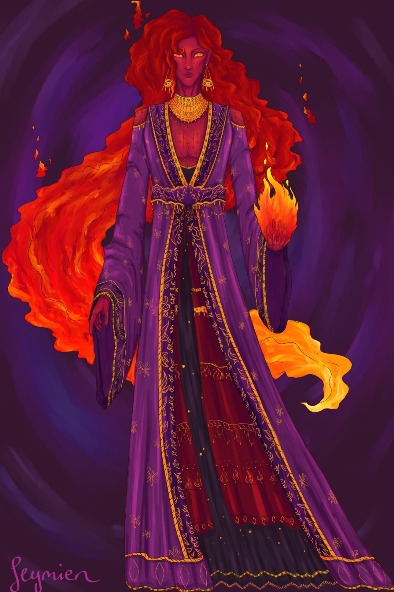 Azar (he/they)
Full body illustration of a fire genasi with red skin and knee-length hair made of fire. They're wearing purple robes with golden patterns as well as a black and red skirt featuring more golden patterns. They're also wearing a necklace and earrings in the same shade of gold.
