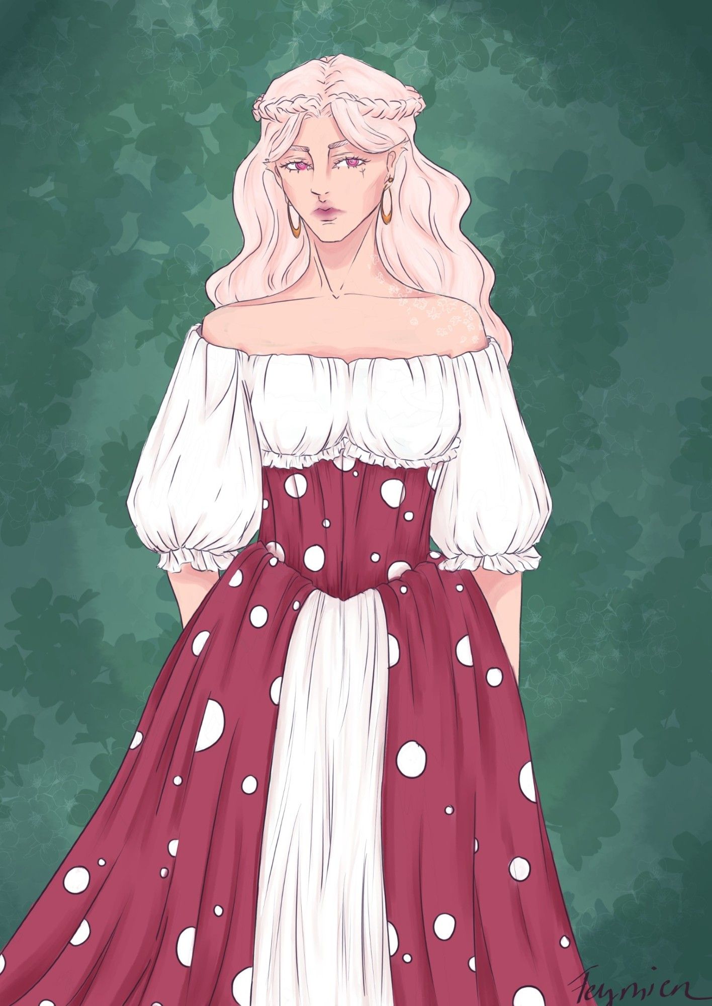 Hester, she/they
Knee-up illustration of a light skinned woman facing the camera. She's wearing a white and red dress with large white dots, inspired by the Amanita mushroom, as well as golden hoop earrings. Her hair is a light strawberry blonde and partially braided around her head