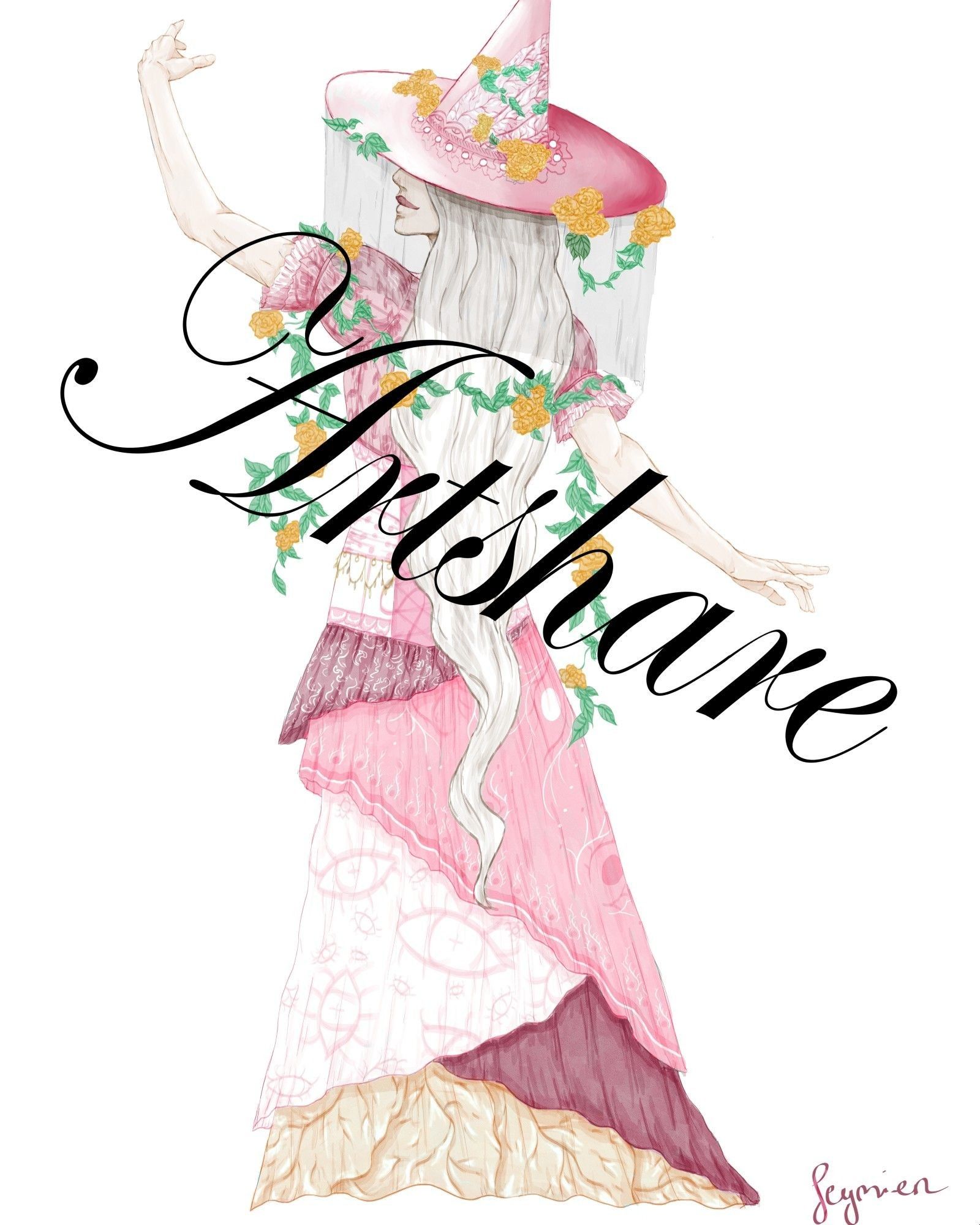 Full body illustration of a woman with long white hair wearing a patchwork dress of various pink and white fabrics with different patterns. She's also wearing a large witch hat and is covered in vines with yellow roses. The image is overlaid with large black text "Artshare"