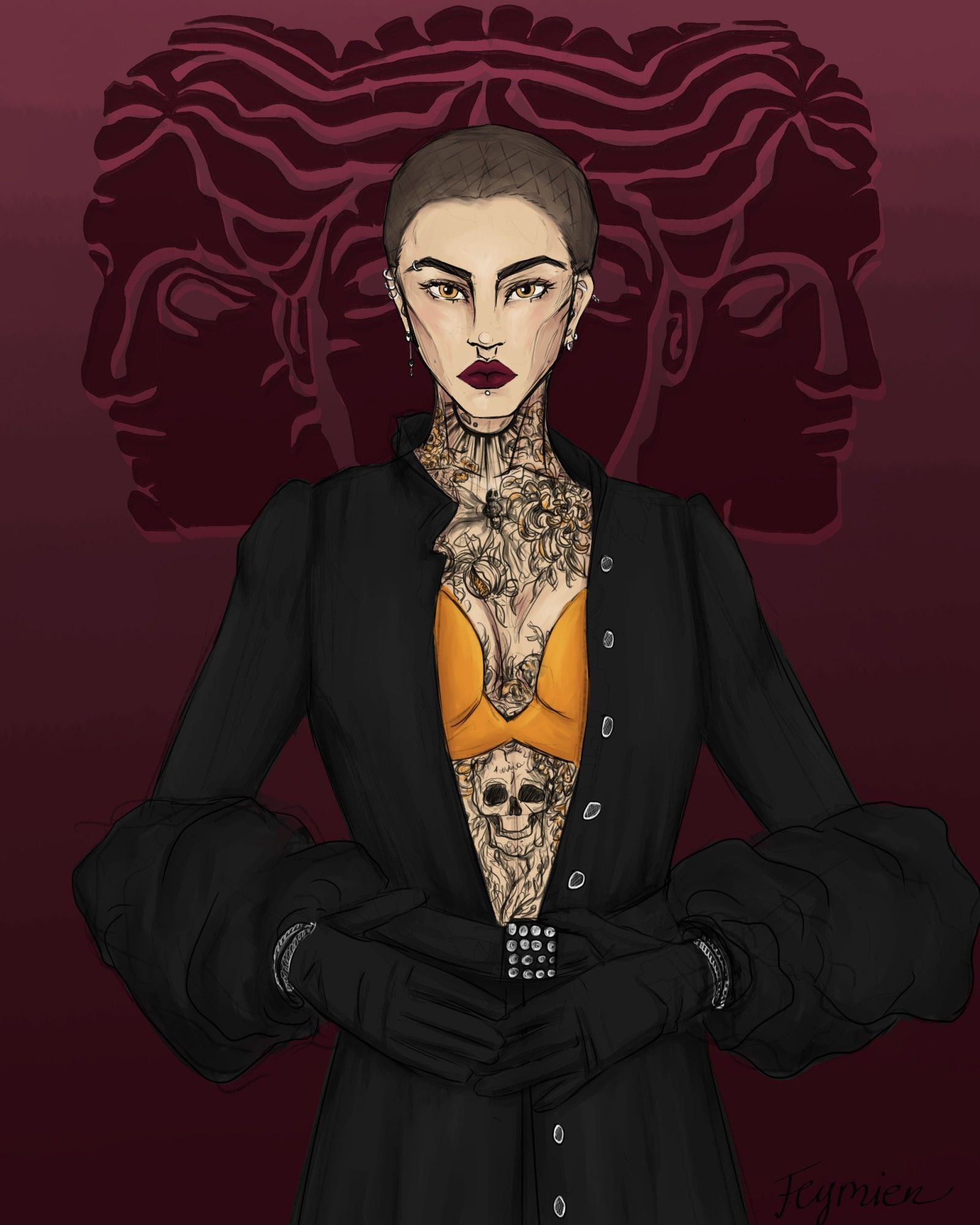 Maeve, she/her
Half body illustration of a pale woman with various tattoos and shaved brown hair. She's wearing dark red lipstick, a bright yellow bralette, a black overcoat with grand sleeves and matching gloves.