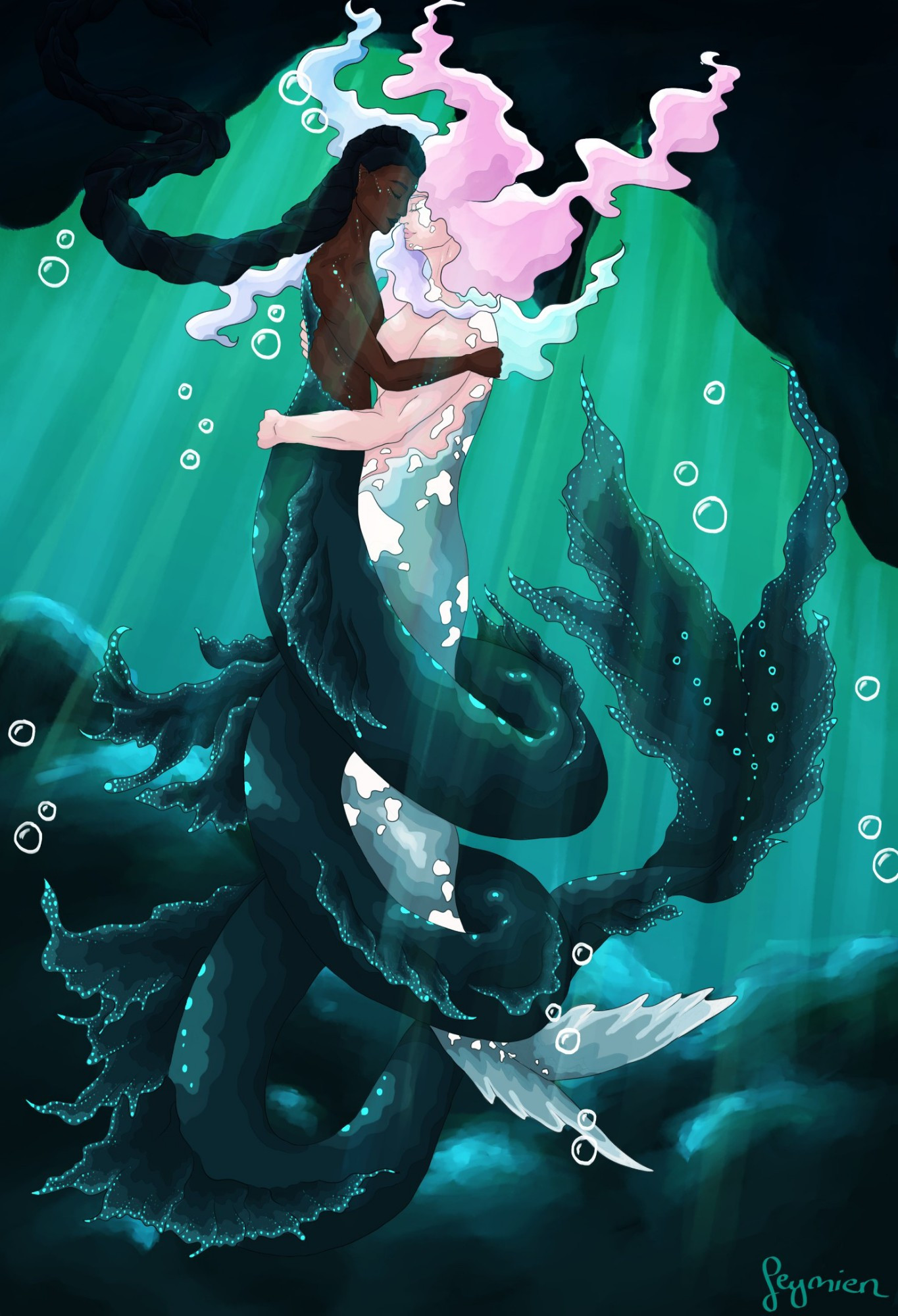 Illustration of two merfolk embracing each other.  The left one has black braided hair and dark skin  with vibrant teal coloured markings all over the skin, as well as a very long dark green tail with various side fins and more bright markings. The one on the right has light skin and hair in various pastel shades. Her tail is shorter and grey, with various white patches both on the tail and her skin.
