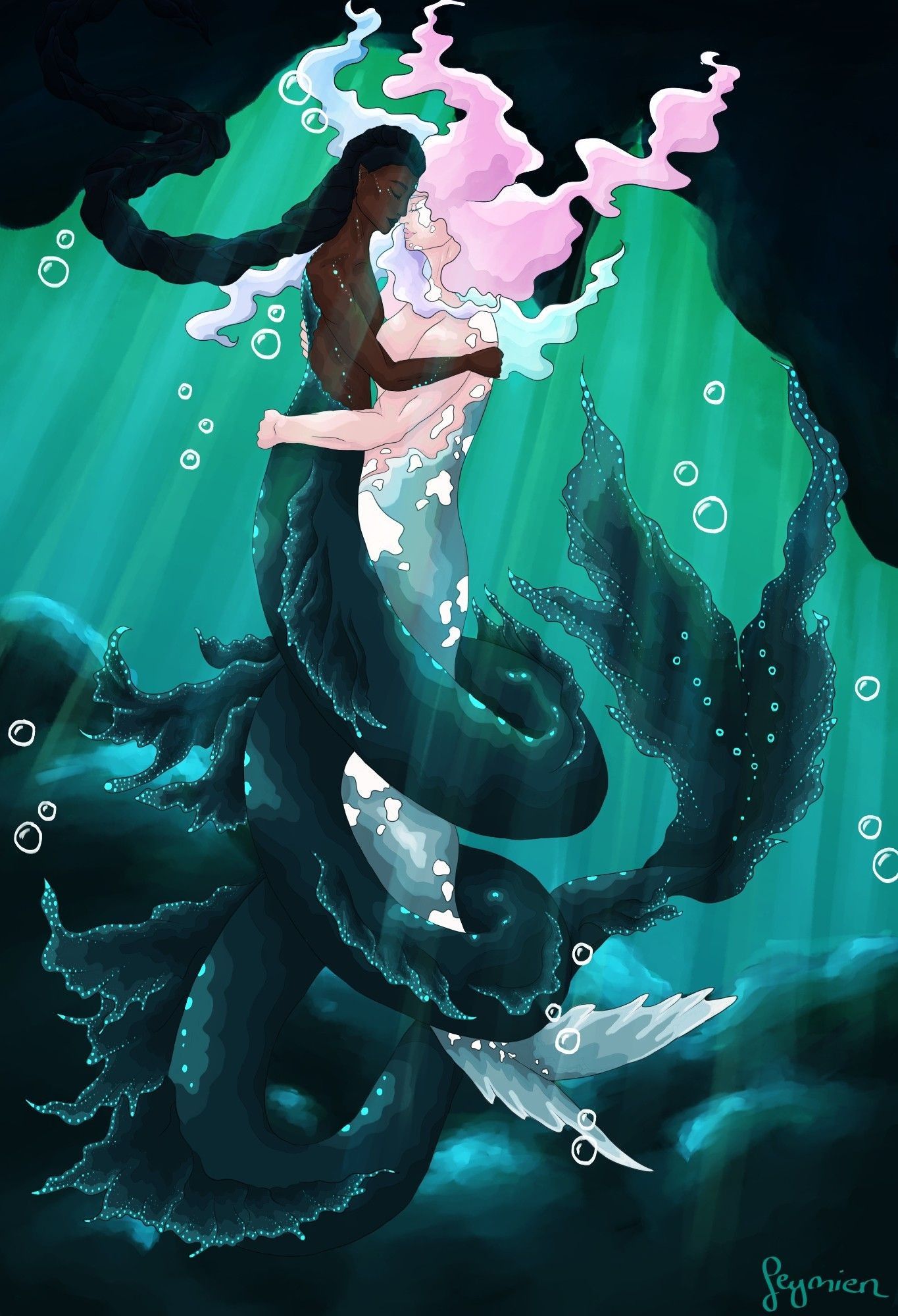 Dive (left) she/he, Tasenka (right) she/they
Illustration of two merfolk embracing each other.  The left one has black braided hair and dark skin  with vibrant teal coloured markings all over the skin, as well as a very long dark green tail with various side fins and more bright markings. The one on the right has light skin and hair in various pastel shades. Her tail is shorter and grey, with various white patches both on the tail and her skin.