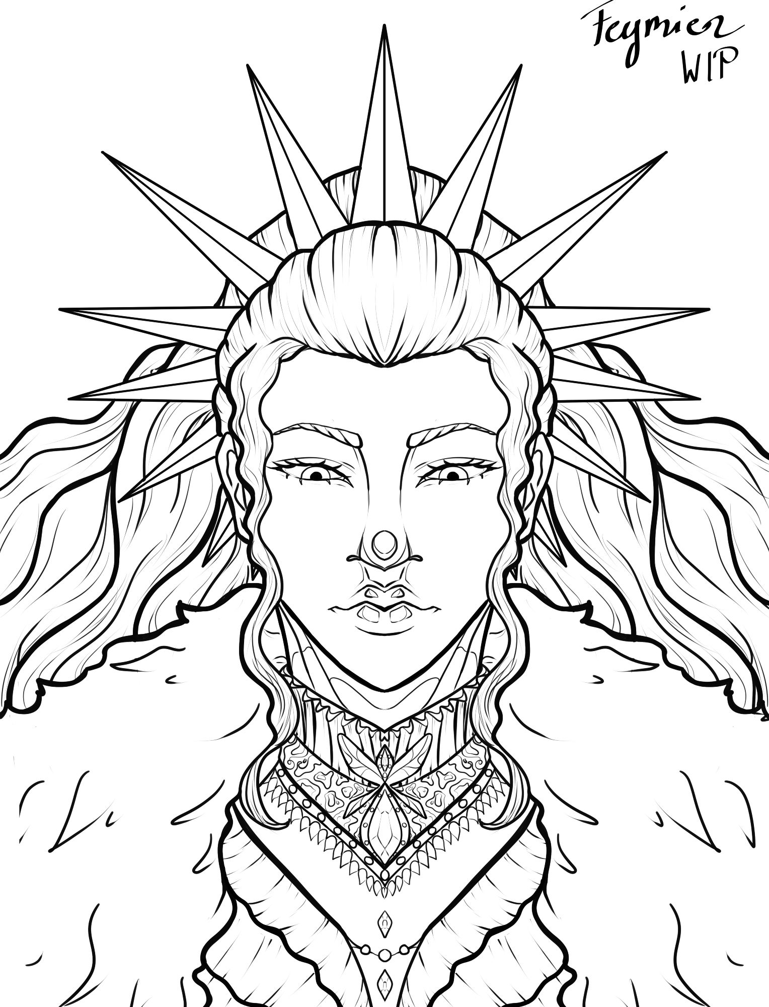 Juniper (she/her),symmetrical portrait, lineart only.
A woman with long wavy hair partially tied back is gazing downwards. There is a star like headpiece holding back most of her hair, and she's wearing a large fur cloak covering a multi-layered dress with various patterns and a large gemstone brooch.