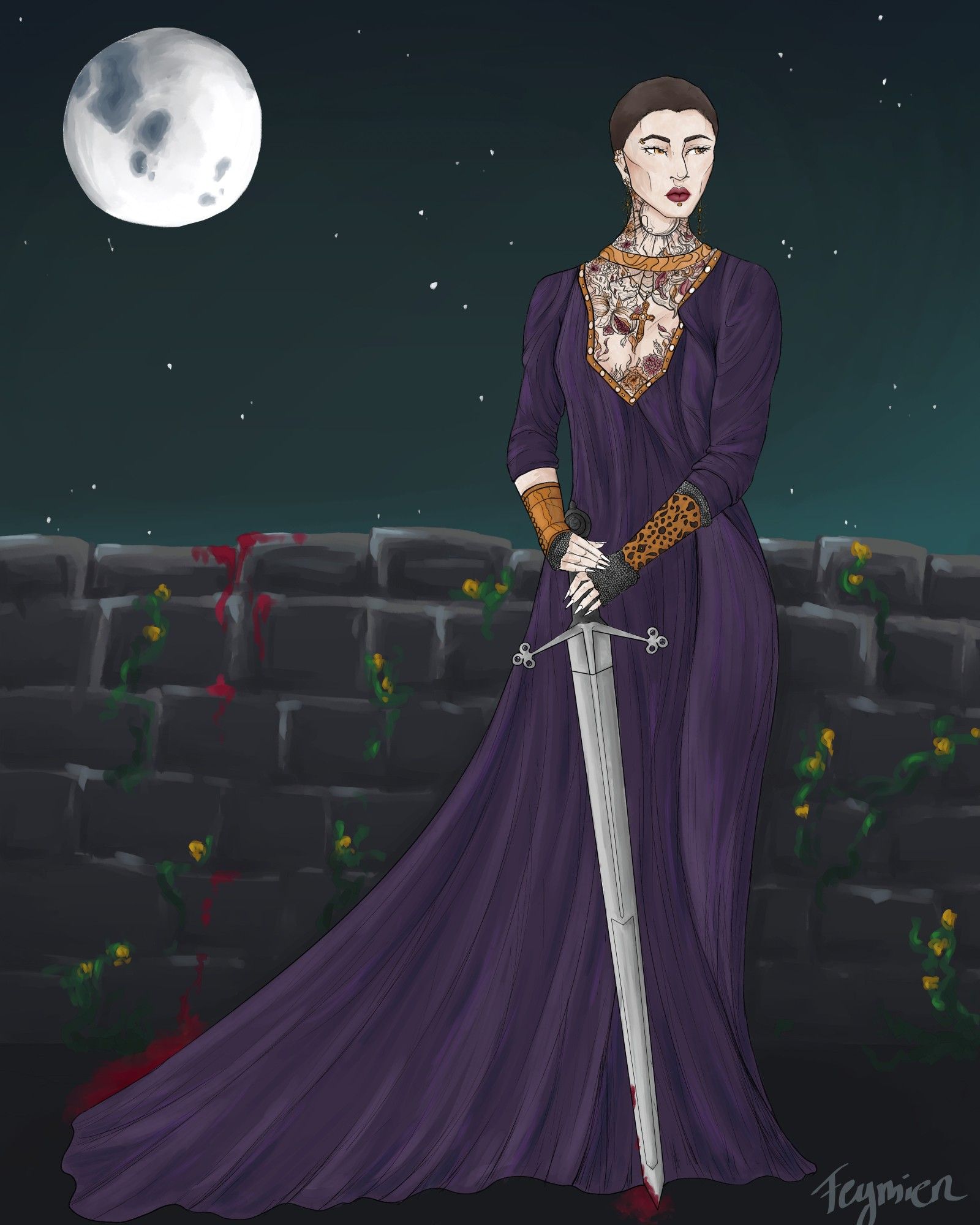 Fullbody illustration of a pale woman with cropped brown hair and golden eyes standing against an old wall overgrown with yellow flowers. She's wearing a long purple gown with golden detailing alongside golden bracelets atop chainmail, and she's holding a sword in both of her hands. Her chest and neck are covered in tattoos, and she's also wearing various piercings. In the back, the moon and a few stars are illuminating the night sky.