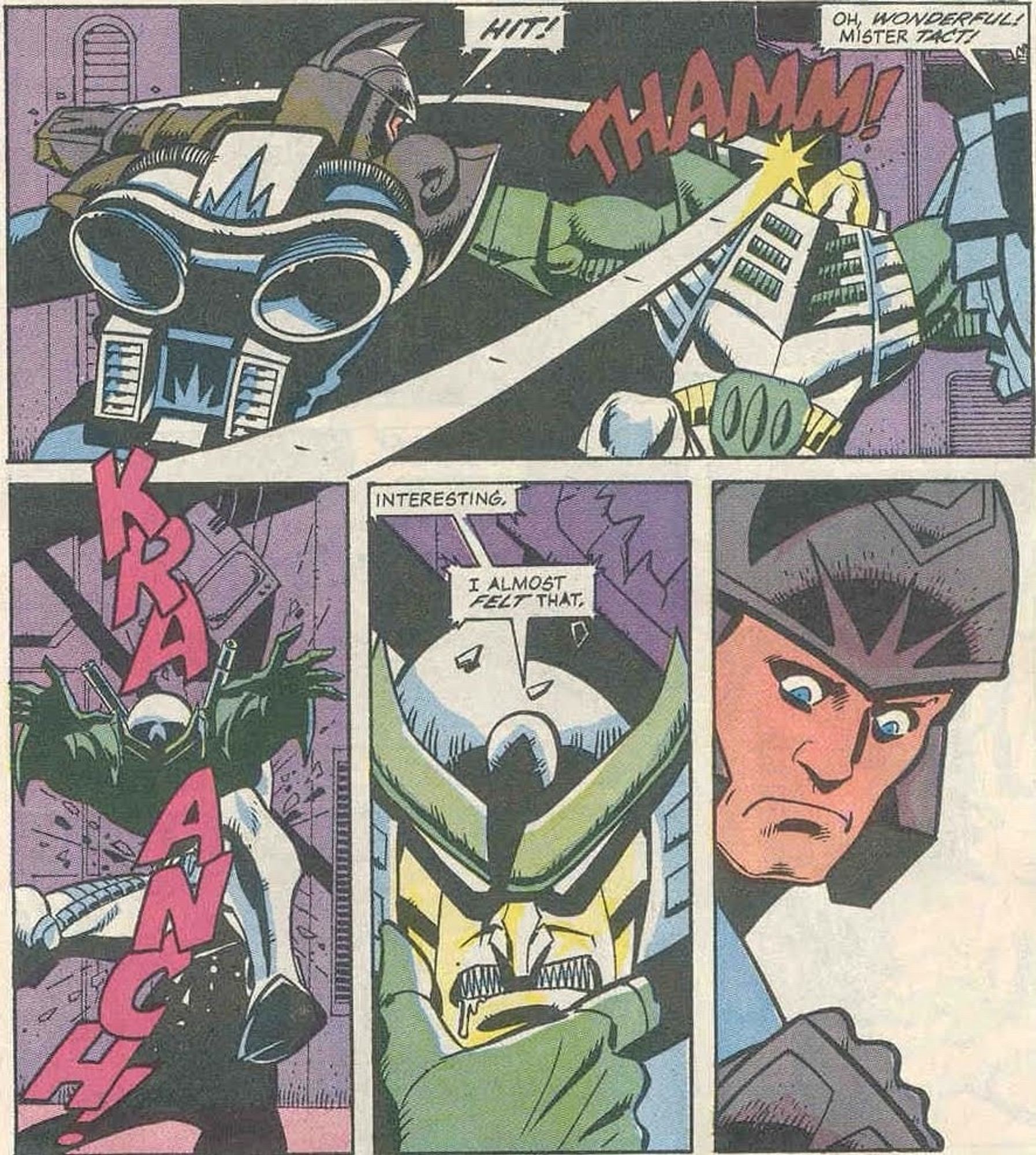 A page of Marvel Transformers where Grimlock belts Thunderwing with all his might and the villain responds “Interesting. I almost felt that.”