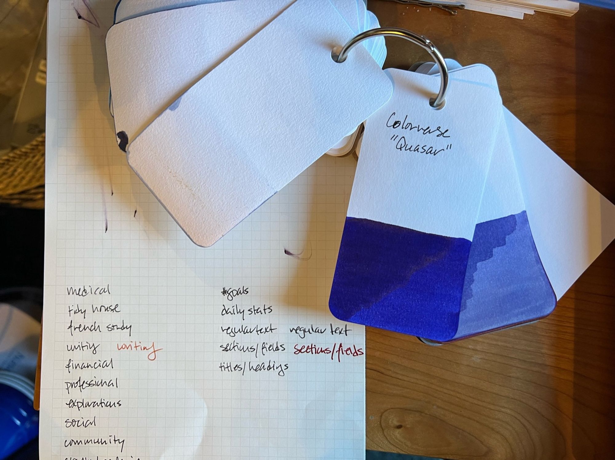 A piece of paper with black writing on it denoting all the categories Kate needs to choose ink colors for. A few items already have an ink color next to them. A fanned out sample deck lies to the side, with a deep blue-purple on top (Colorverse's "Quasar")