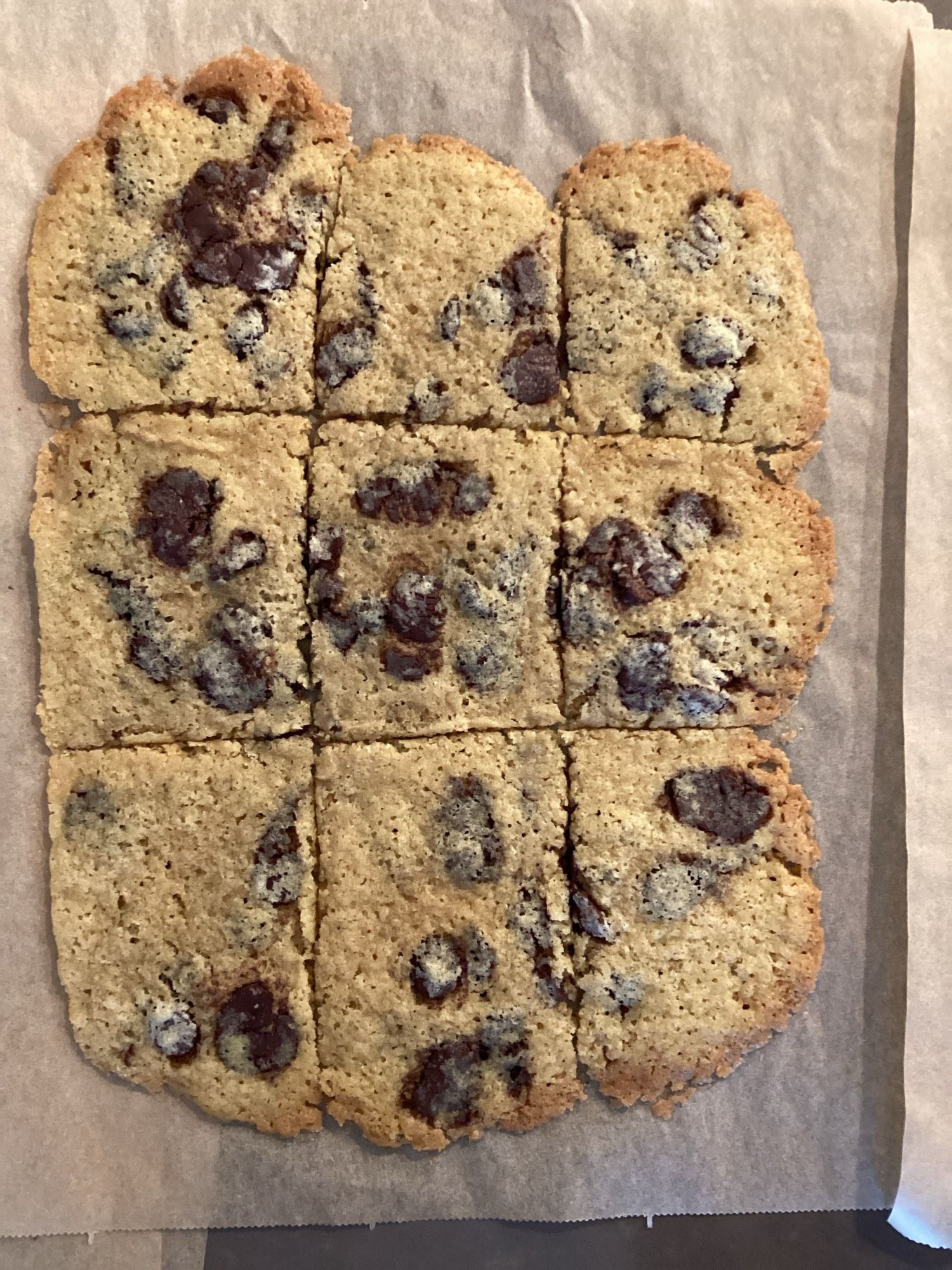 Gigantic chocolate chip cookie that has spread out too much.