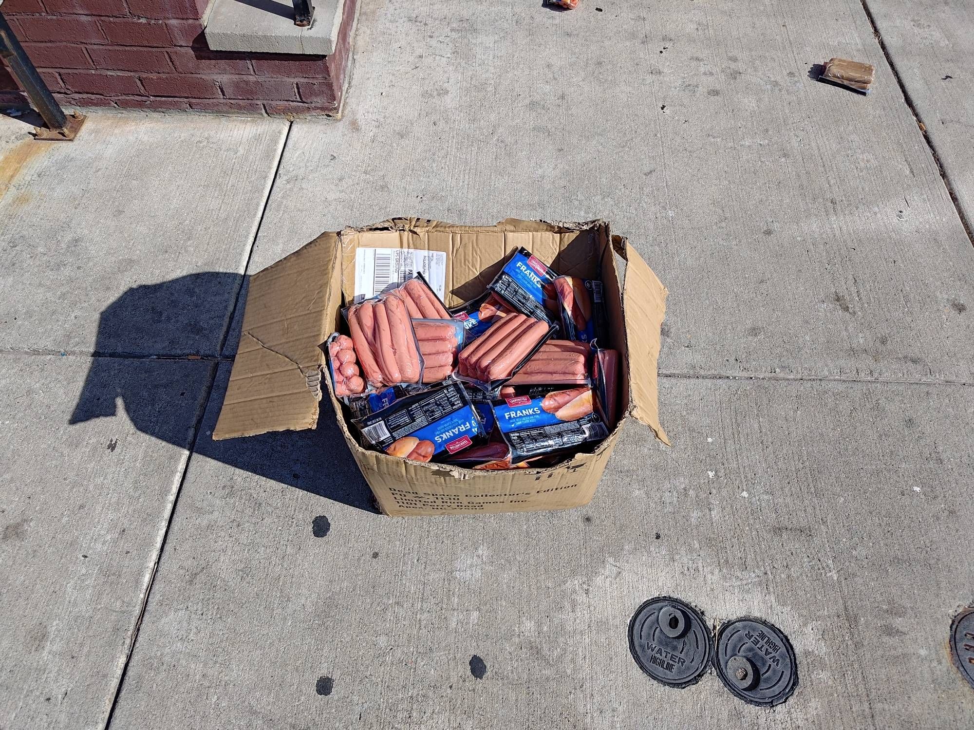 A cardboard box full of packages of hot dogs, sitting on the sidewalk in the afternoon sun