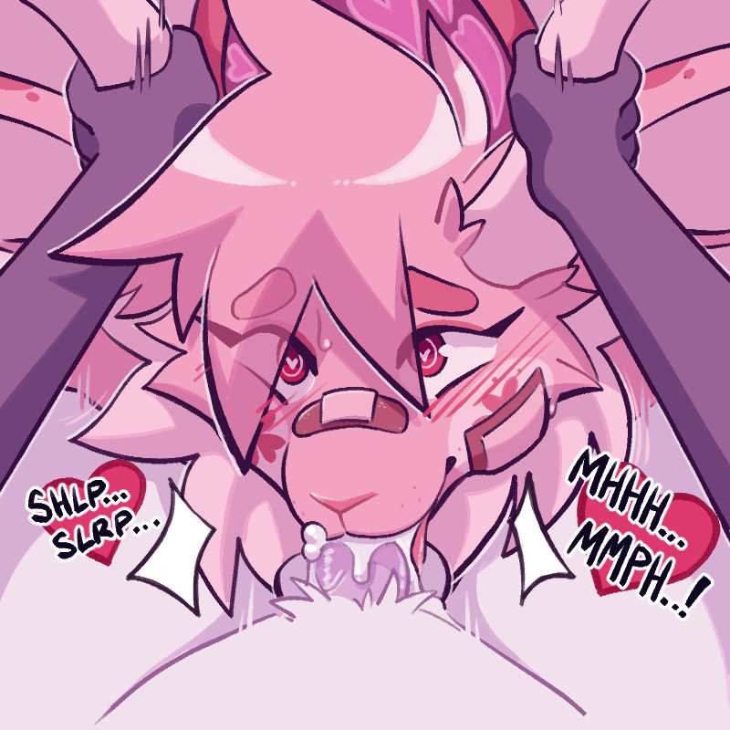 An image from Mauve's point of view, hands gripping Lucky's horns as she provides them oral with a shy yet enthusiastic glance upward