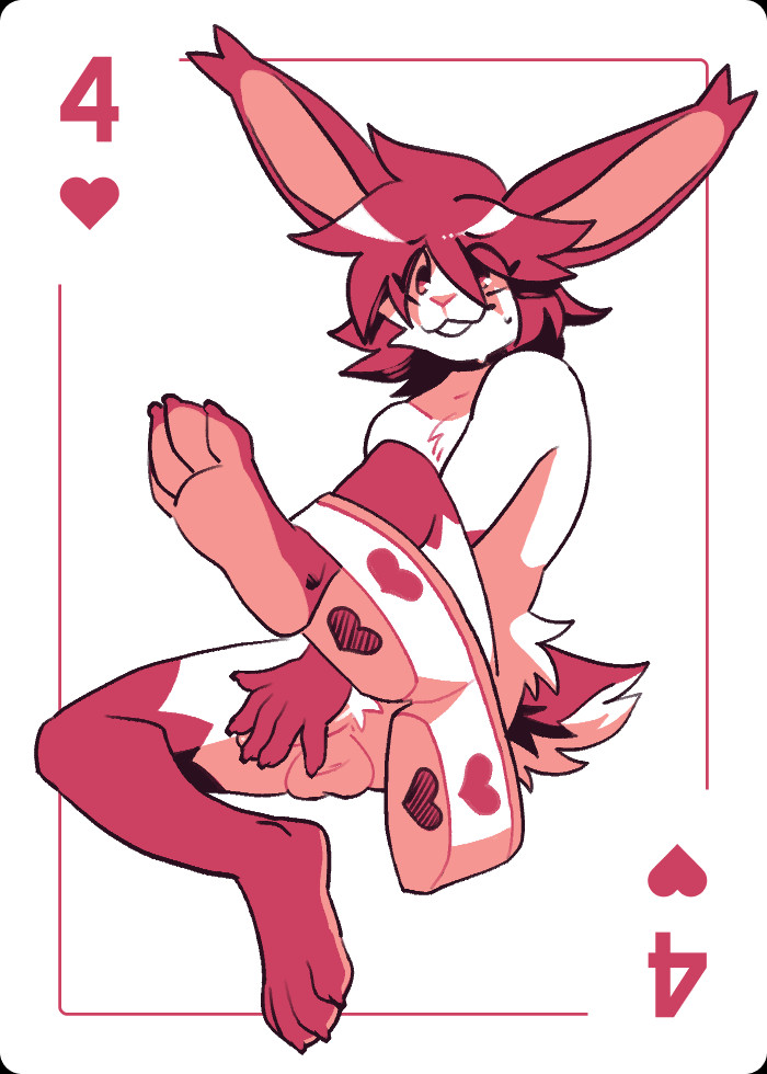 Mauve, an anthro rabbit, is sitting nude with one leg raised pointing forward toward the viewer, a pair of boxers with hearts on it dangling from the end of the raised leg. They've got an embarrassed expression, one hand only slightly covering their junk.