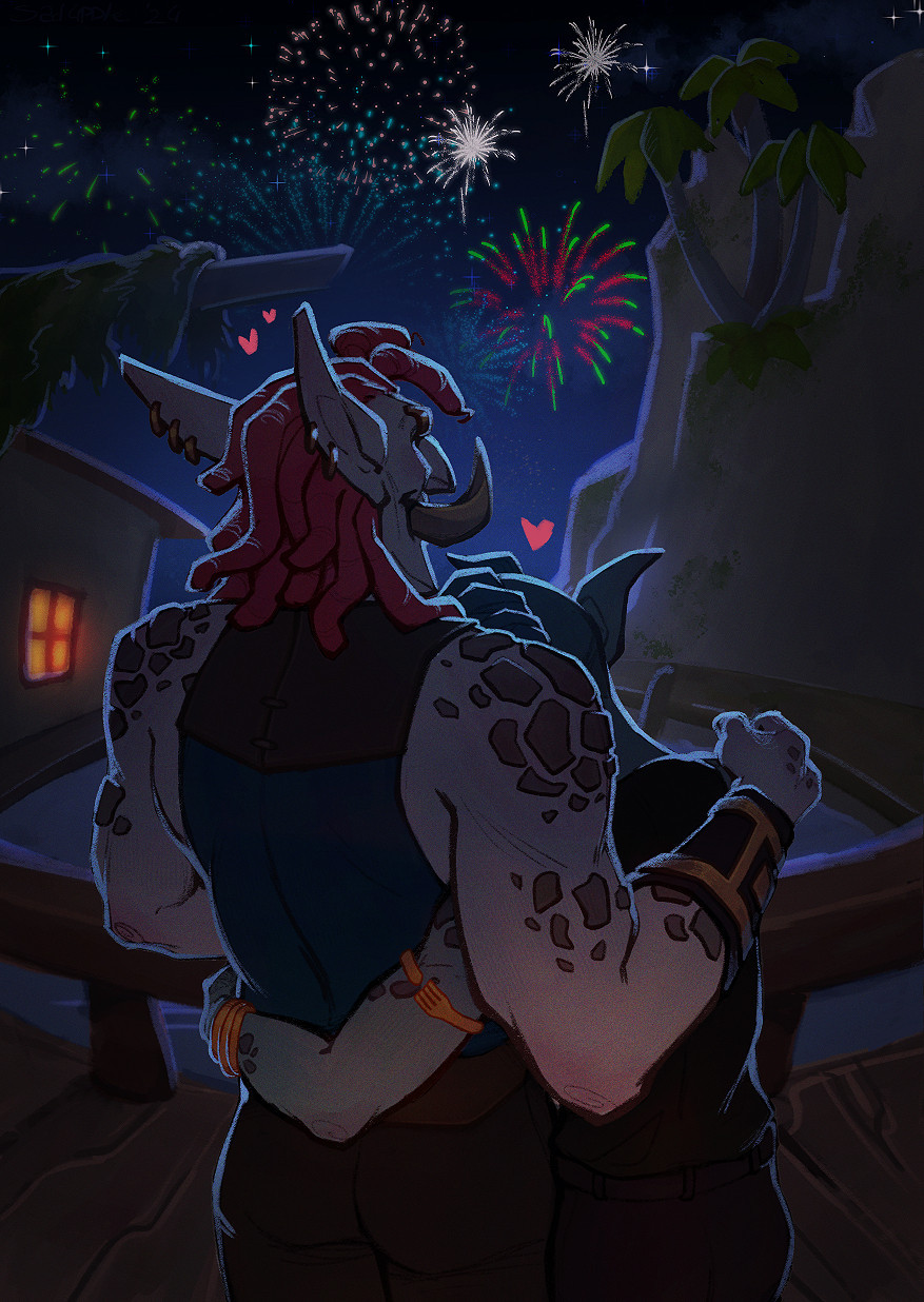 painting of two warcraft troll lovers embracing under newyear's eve fireworks by the sea