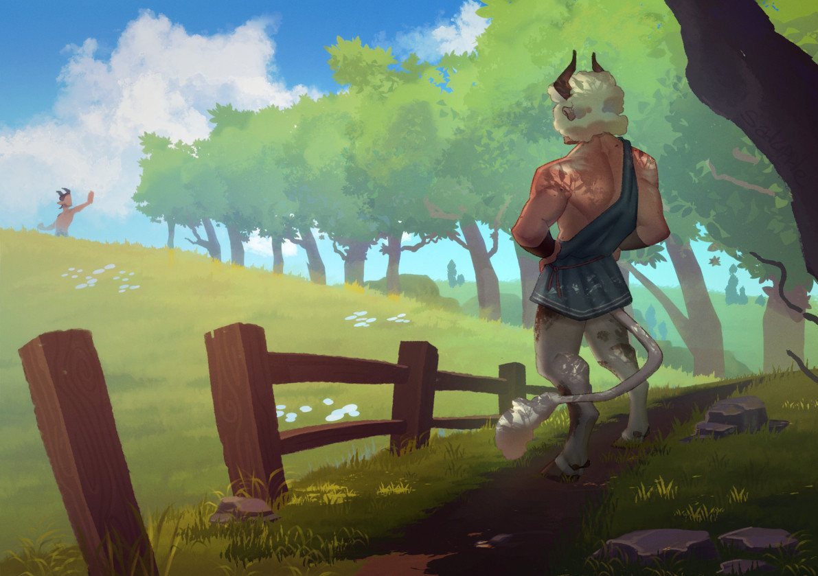 digital painting of a mintotaur looking out at a satur across a sunny grass pasture