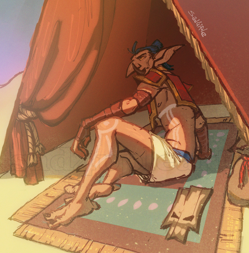 illustration of a world of warcraft sand troll in a tent in the dessert