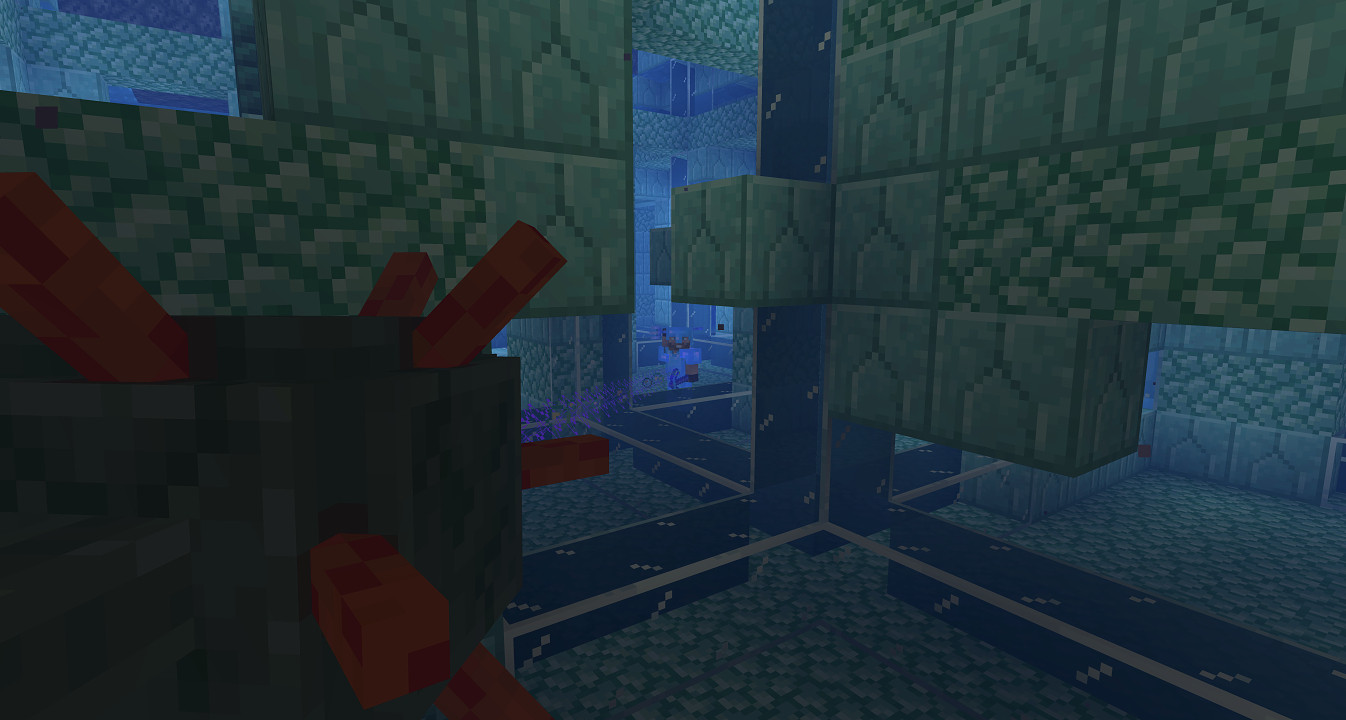 BCowcorn's Minecraft character stands in the middle distance in the murky interior of the partly demolished ocean monument, and raises his trident to fight off a guardian which is firing its laser at him. The view is over what would be the guardian's shoulder if it had shoulders. A grid of glass blocks, with more glass blocks extending upwards from each intersection in the grid, can be seen on the floor of the monument, marking out the borders of the bubble columns above (not seen).