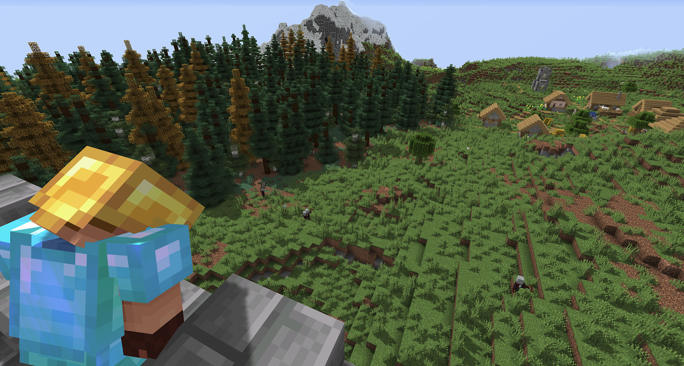 BCowcorn's Minecraft character, wearing diamond armor and a gold helmet, looks down from a stone brick tower as a pillager patrol passes across the plains below toward a spruce forest to the left. A village sits in the distance, thankfully being bypassed by the patrol. Further off a snowy mountain rises above the forest. The view is from over BCowcorn's shoulder.
