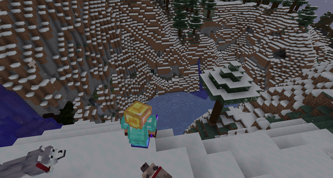 BCowcorn's Minecraft character, dressed in diamond armor and gold helmet, looks down from a mountain into a frozen river valley, two of his pups looking on. Spruce trees dot the landscape on either side of the river, and a waterfall is visible on the left side, flowing past a cave entrance. It is snowing, lightly due to a resource pack that reduces the flakes for visibility.