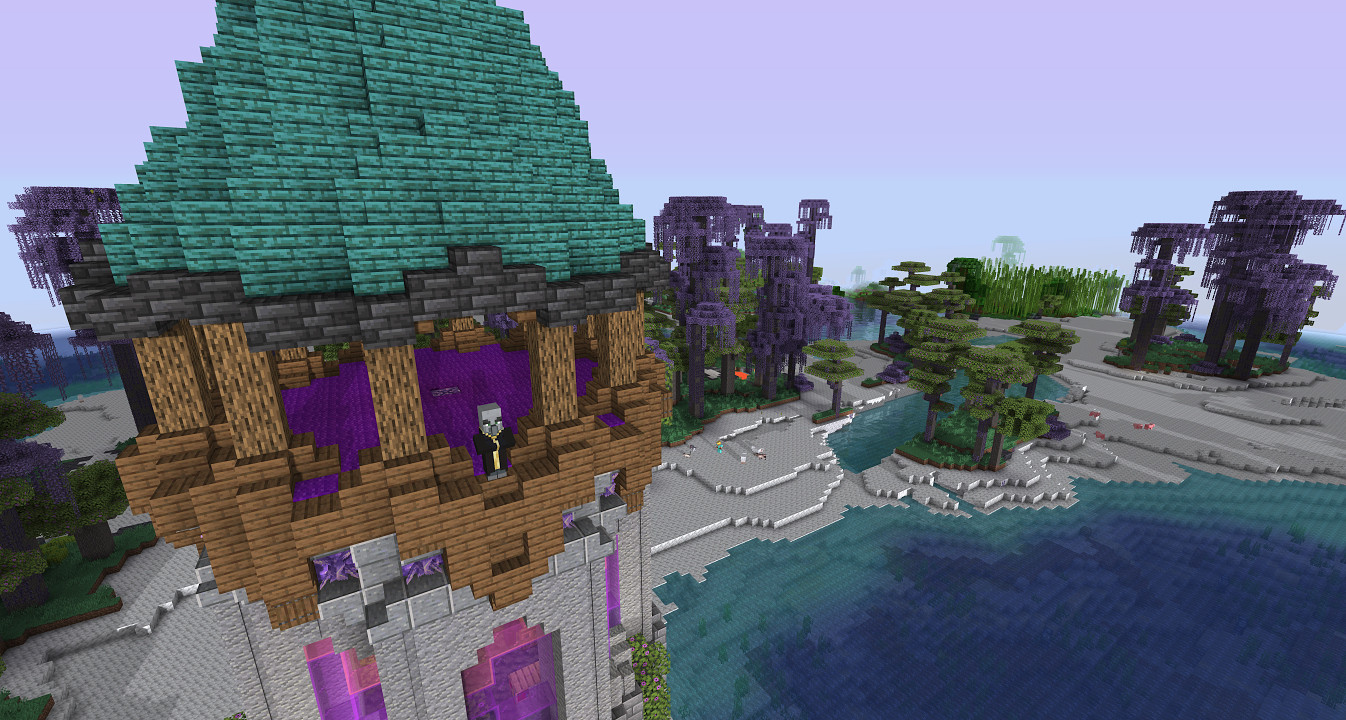 An Evoker looks out from the top floor of a Mage Tower while BCowcorn's Minecraft character is visible below in the distance with his pets casting long shadows in the morning light on the calcite shores of an amethyst rainforest biome with its purple-leaved jungle trees. Both the tower and biome are from the Terralith terrain generation datapack from Startdust Labs.