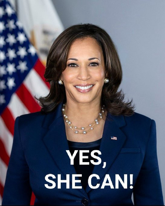 Das Bild zeigt Kamala Harris, Kandidatin der Demokraten: Yes, she can!