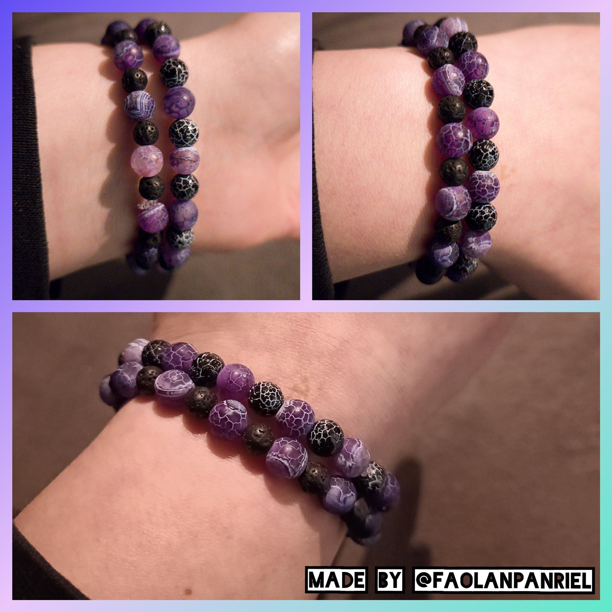 Black and purple beaded bracelets. The beads contain swirls of white in addition to their colour, with varying opacities of purple in the purple beads. Two bracelets.
Collage of 3 pictures to show all sides.