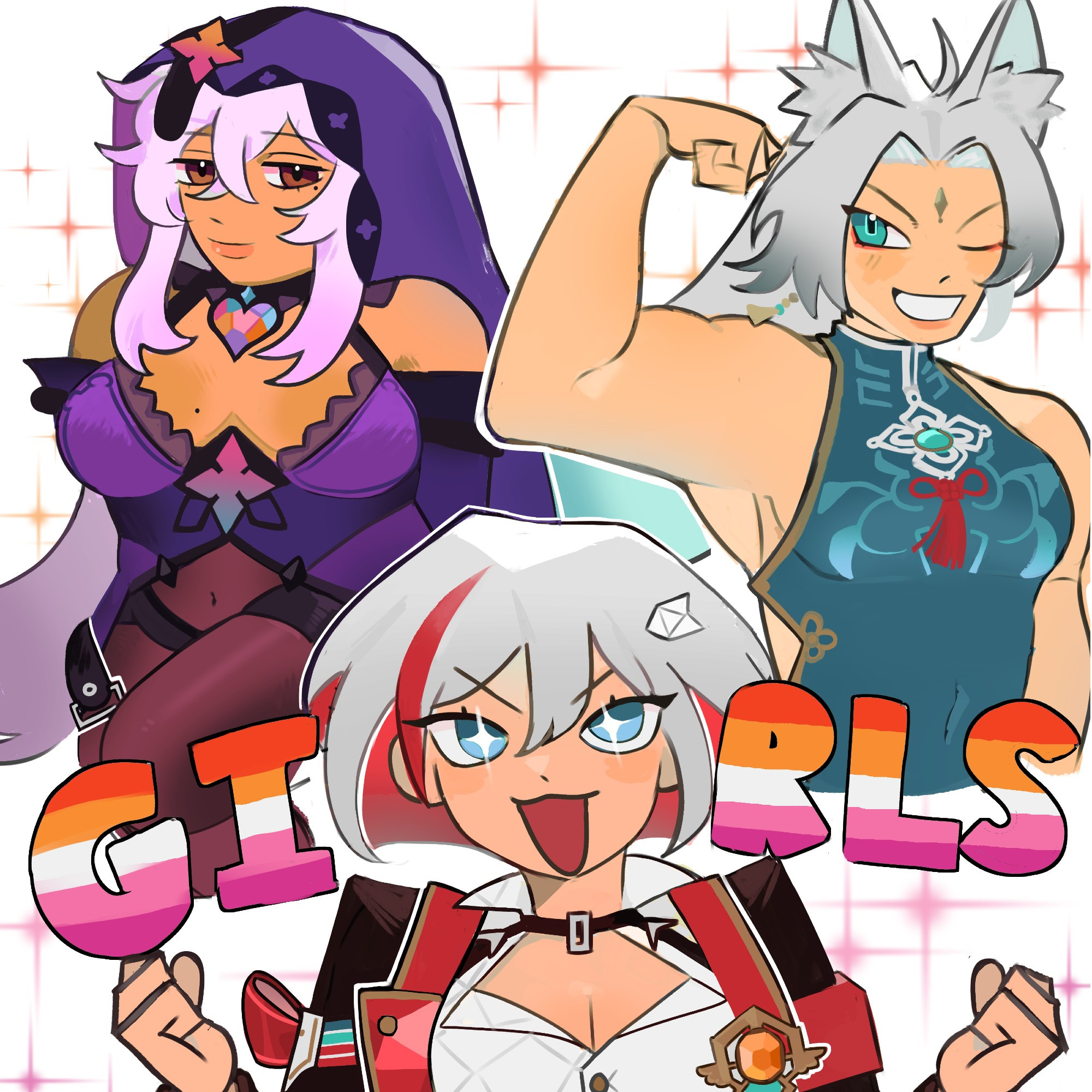 This is an image of some playable girls from Honkai: Star Rail that are rerunning in update 2.5. On the upper left is Black Swan just looking   towards the audience legs crossed. To the upper right is Feixiao flexing her muscle smiling eagerly. At the bottom center, Topaz is pumping her fists accompanied by the word "GIRLS" in the lesbian flag colors. She looks super excited to be surrounded by beautiful women with her eyes sparkling. The entire image is also adorned by lesbian colored sparkles in the background.