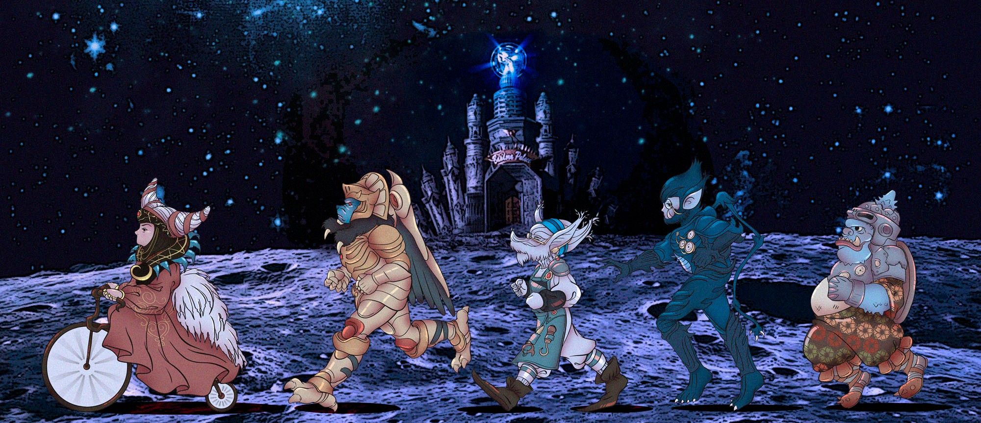 Digital illustration of Bandora and her gang, walking outside her palace on the moon.